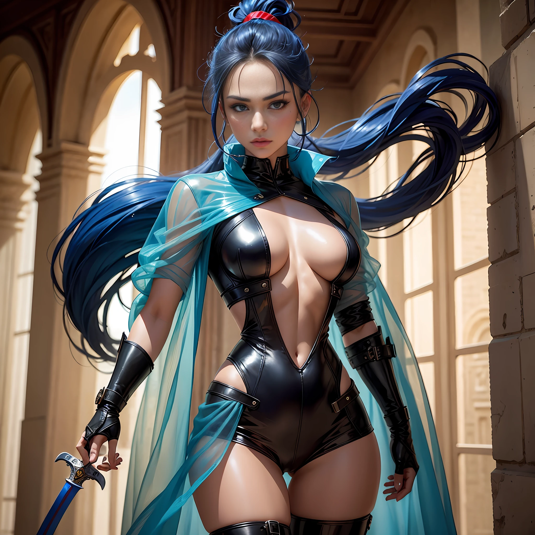 Ponytail, beautiful female warrior, approximately 20 years of age, with a perfect body and dressed in shiny leather elements? The character has dark blue hair with red highlights, tied in a horse tail, and holds a short sword in her hand. I would like the drawing to be done in any graphic convention that fits the character’s nature, wet skin, shiny skin, transparent organza flowing coat, photorealistic: 2.0. Shiny skin,