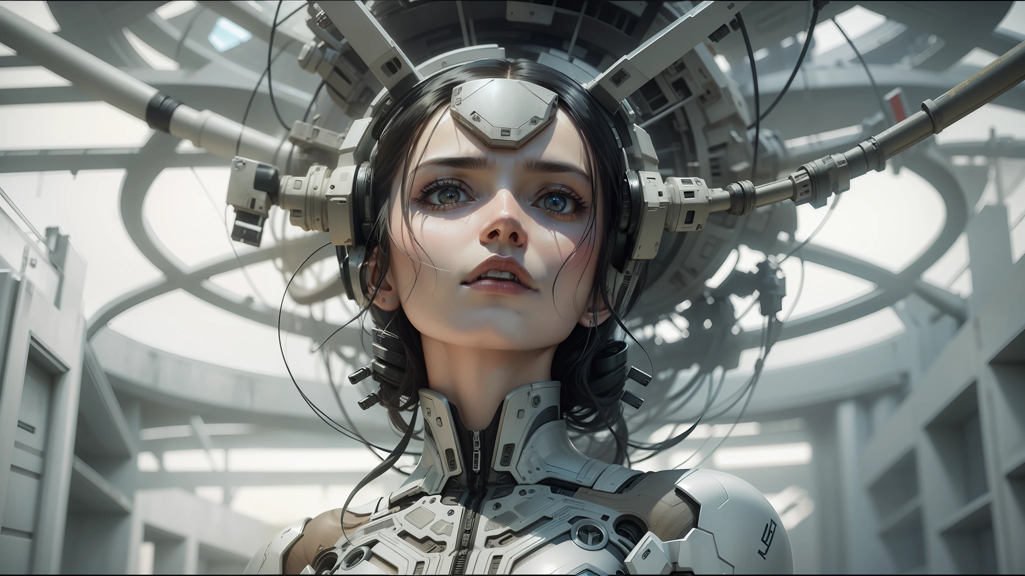 there is a woman in a robot suit holding a gun, still from alita, luis royo and alex ebel, by Eizō Katō, cell automata, wearing futuristic white suit, protagonist in foreground, the robot wearing the bone crown, inspired by Oleg Lipchenko, cgsociety ), by Władysław Podkowiński --ar 16:9 --auto --s2