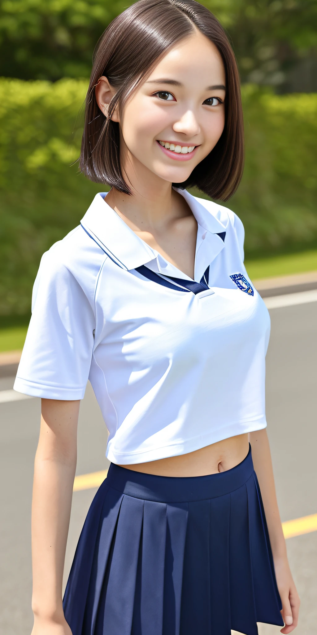 neat college girl, petite, (school uniform, summer clothes, short sleeves), outside the athletics field, (slim), photorealistic, detail, skin texture, ultra detail, delicate sexy collarbone, smile, super detailed face, detailed lips, detailed eyes, double eyelids, breast enhancement, navel, bob hair