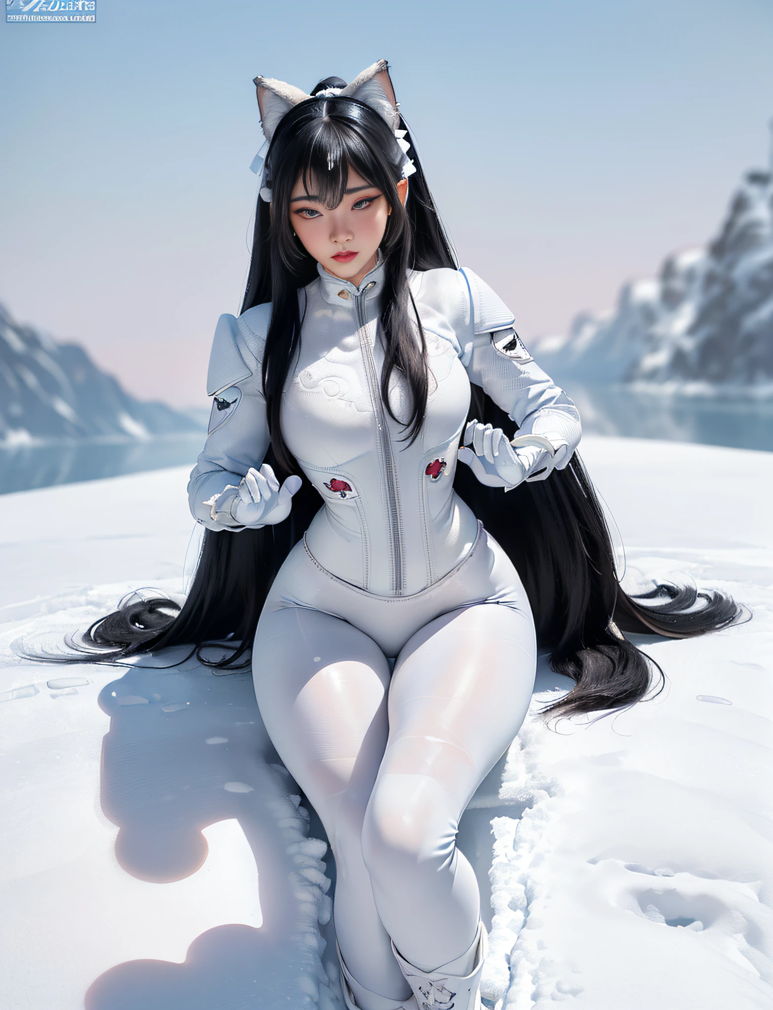 ((very detailed RAW color photo)), (((1 girl))), (((alone))), (((29 years))), ((athletic)), ((very defined toned physique)), ((very defined and beautiful muscular body)), (((very detailed perfect body))), (((small and defined breasts))), (((ultra defined curves))), (((superior quality, 8k, masterpiece: 1.3)), sharp focus: 1.2, (((extremely beautiful girl with perfect figure: 1.4))), ((very thin waist: 1.2)), ultra detailed skin texture, ((perfect and beautiful hands)), ((smooth and soft skin)), (ultra detailed fabric texture), extremely beautiful ultra detailed face, (((extremely beautiful))), intricate details, ultra detailed, (((girl wearing a white snow jacket and tight snow leggings with hiking boots))), ((((the suit is white))), (((white snow gloves)), (((extremely long straight black hair))), extremely beautiful, (((extra long ponytail with bangs))), ((very detailed and beautiful wolf ears)), (hair on the face), ((hair ribbon)), dynamic pose, ((uniform leaves thighs exposed)), ((ultra detailed and toned legs)), (((ultra detailed waist))), (((very wide hips))), (((very thick and toned thighs))), (sexy), (((extreme hourglass figure))), (((very thick heart lips))), ((red lipstick)), ((ultra detailed lips)), ((ultra detailed blue eyes)), ((angry look)), (((staring at the viewer))), ultra detailed provocative mouth, extremely beautiful seductive lips, ((blushing)), (makeup), (((ultra defined waist))), eye shadow, (full body shot), in a frozen Siberian lake