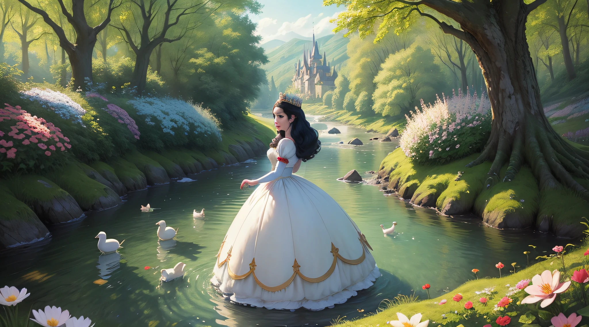 Snow White Disney Princess wearing a crown in the forest with many cute animals near her., dancing first-person view. Many flowers of various colors. A sunny day. with a river and a fairytale castle in the background. Walt Disney cartoon style., from above, from below