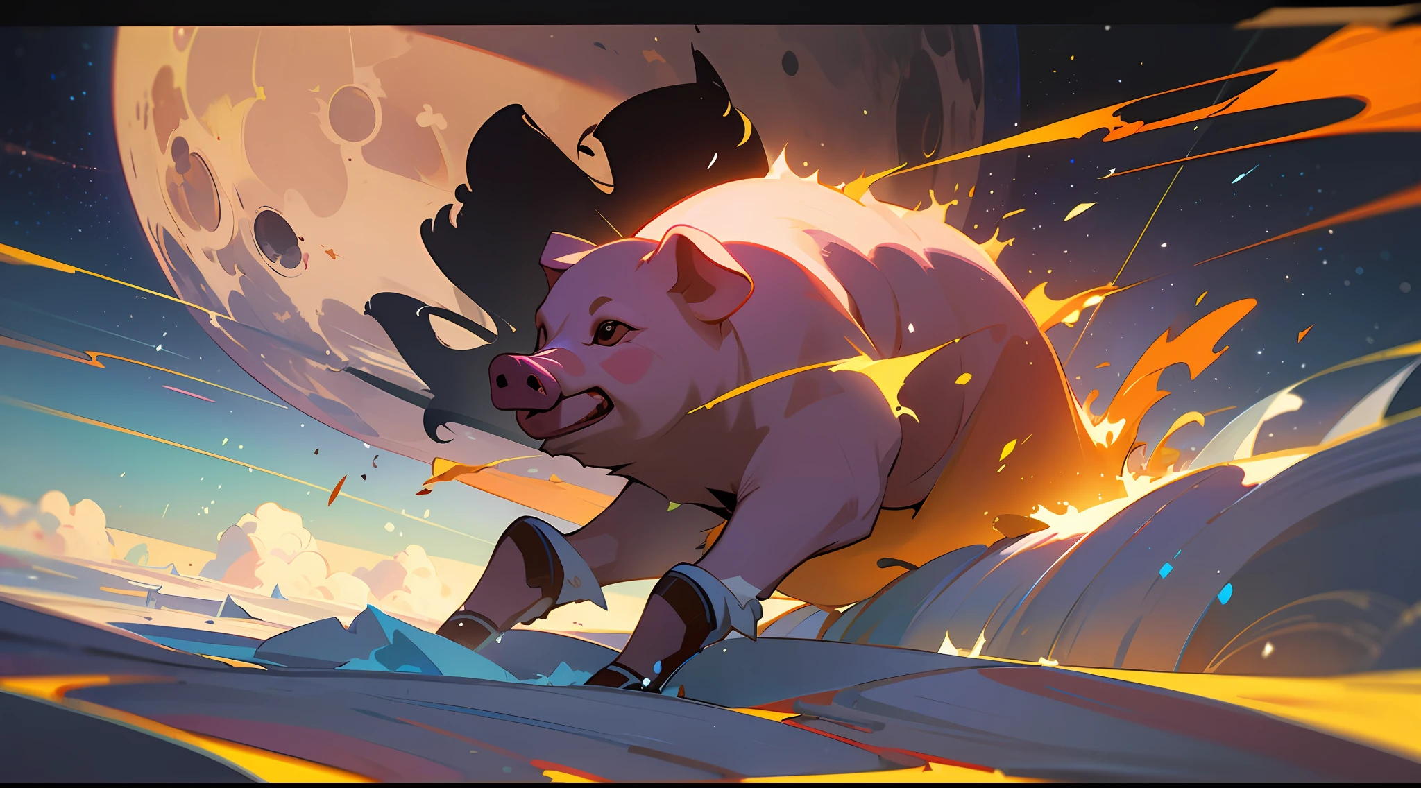 /imagine prompt: oil painting of A pig running on the moon, background Earth exploding ,pig::10, low angle::6, running::4, Earth explosion::9, diagonal composition, tilt-shift, Maxon Cinema 4D::15, Dramatic light::14, beautiful lighting::11, Dramatic::16, 8K Resolution::10, Space station, fIm photography::10, Color Photography --seed 485255 --s 100 --q 2 --c 3 --v 5.1 --auto --s2