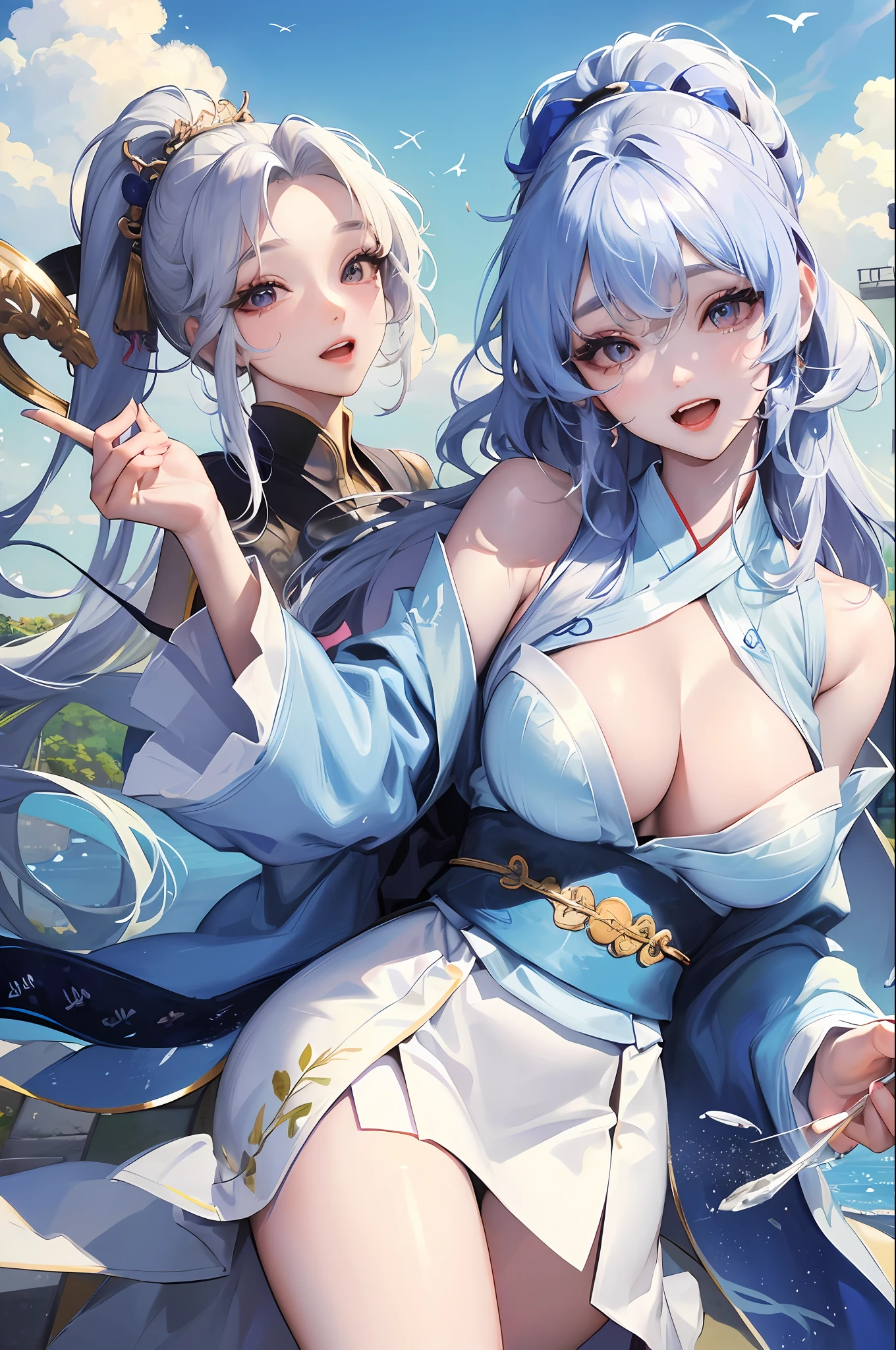 official art, masterpiece, sharp focus, (beautiful gorgeous cute korean woman:1.3), (beautiful cute korean woman:1.3), korean beauty, delicate and beautiful hair and eyes and face, realistic, super detailed, beautiful girl, blue sky, glowing white particles, (sidelight:1.2), sunshine, white clouds, fine clouds, slender, big breasts, showing teeth and laughing, ((laughing with eyes, open both eyes)), Ponytail, touching hair