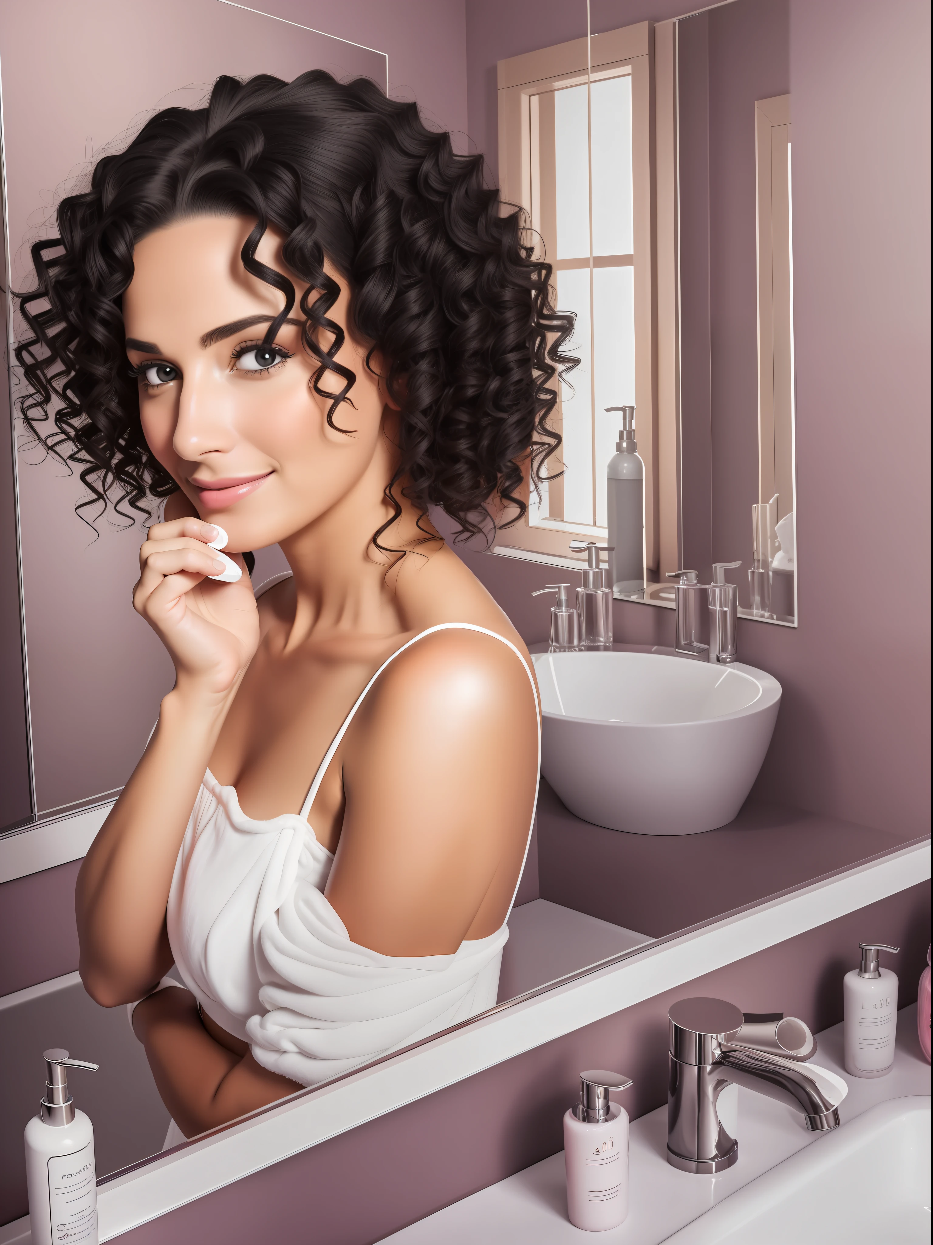 /imagine prompt: PRETTY WOMAN, 30 YEARS OLD, WITH CURLY BLACK HAIR, IN BATHROOM, DOING FACIAL CLEANSING IN FRONT OF MIRROR:: photorealistic::1 sunlight::1 DSLR::1 --v 4 --quality 2 --auto --s2