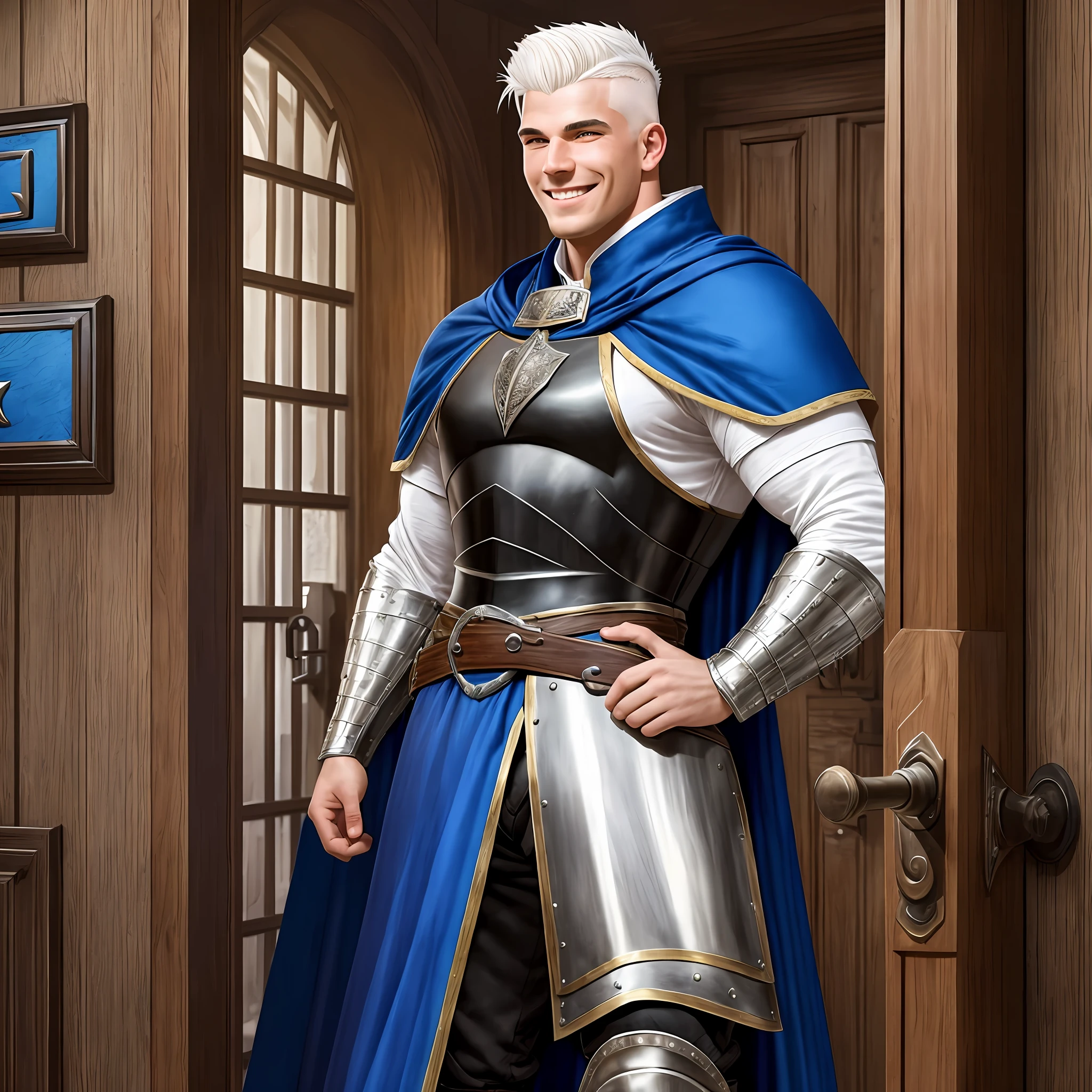 Young man tall muscular, wide, With White hair shaved on the sides, wearing a black medieval Armor and a Blue cape, smiling at the front door of a tavern, Realistic, Full HD, best quality