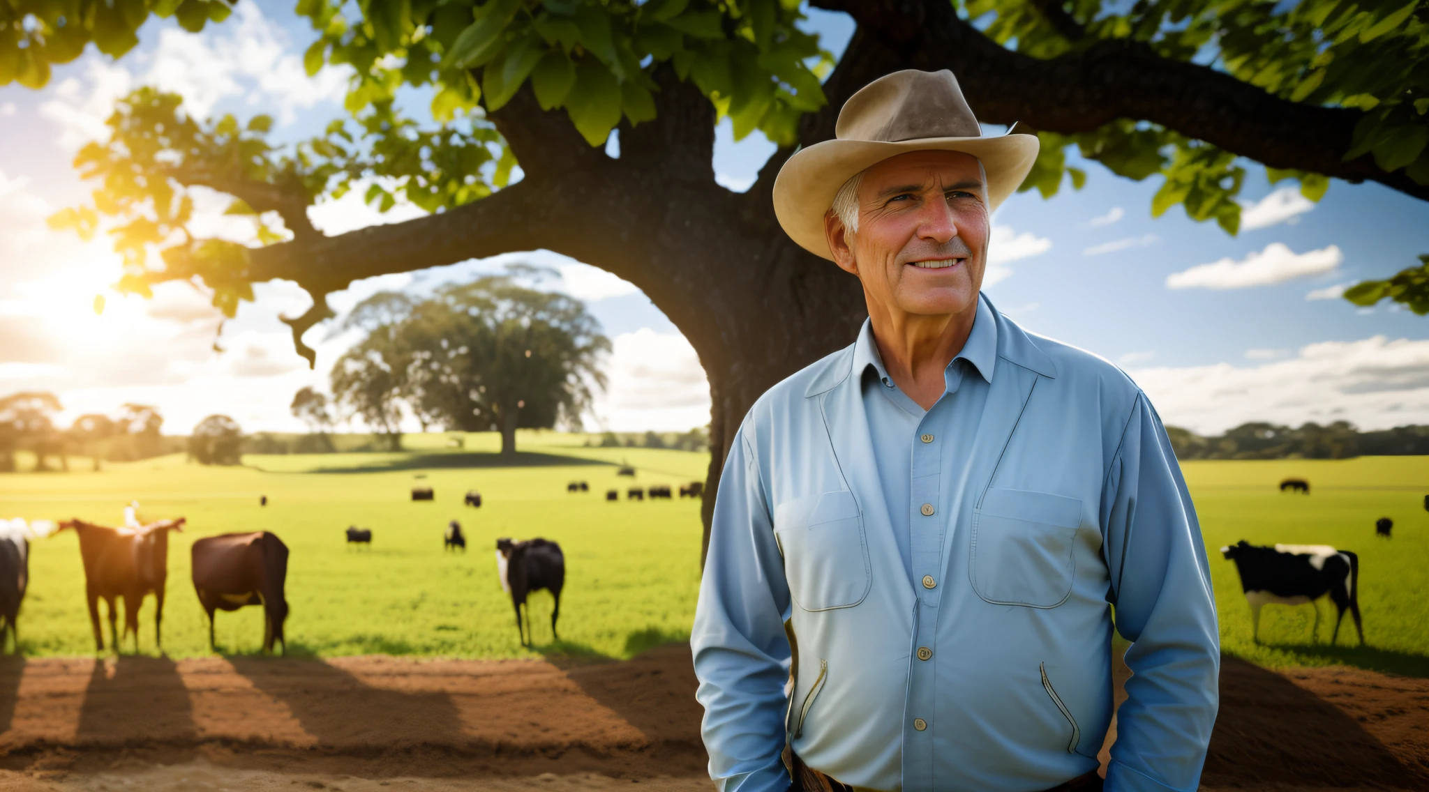 a man standing in front of a large tree in a field with cows in the background, white man of 78 years, hair cut, gray hair, with village, in the field, beautiful surroundings, 78 years old Brazilian father, pastoral, on a farm, rural, with horse led, agricultural lands, Amazonian indigenous peoples in Brazil, profile image, farmer, men and cattle,  Ultra realistic, intricate, 4K details