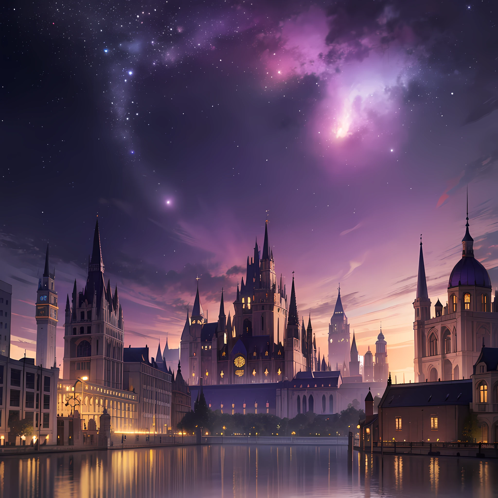 A magical city in purple and gold tones, a sky with stars