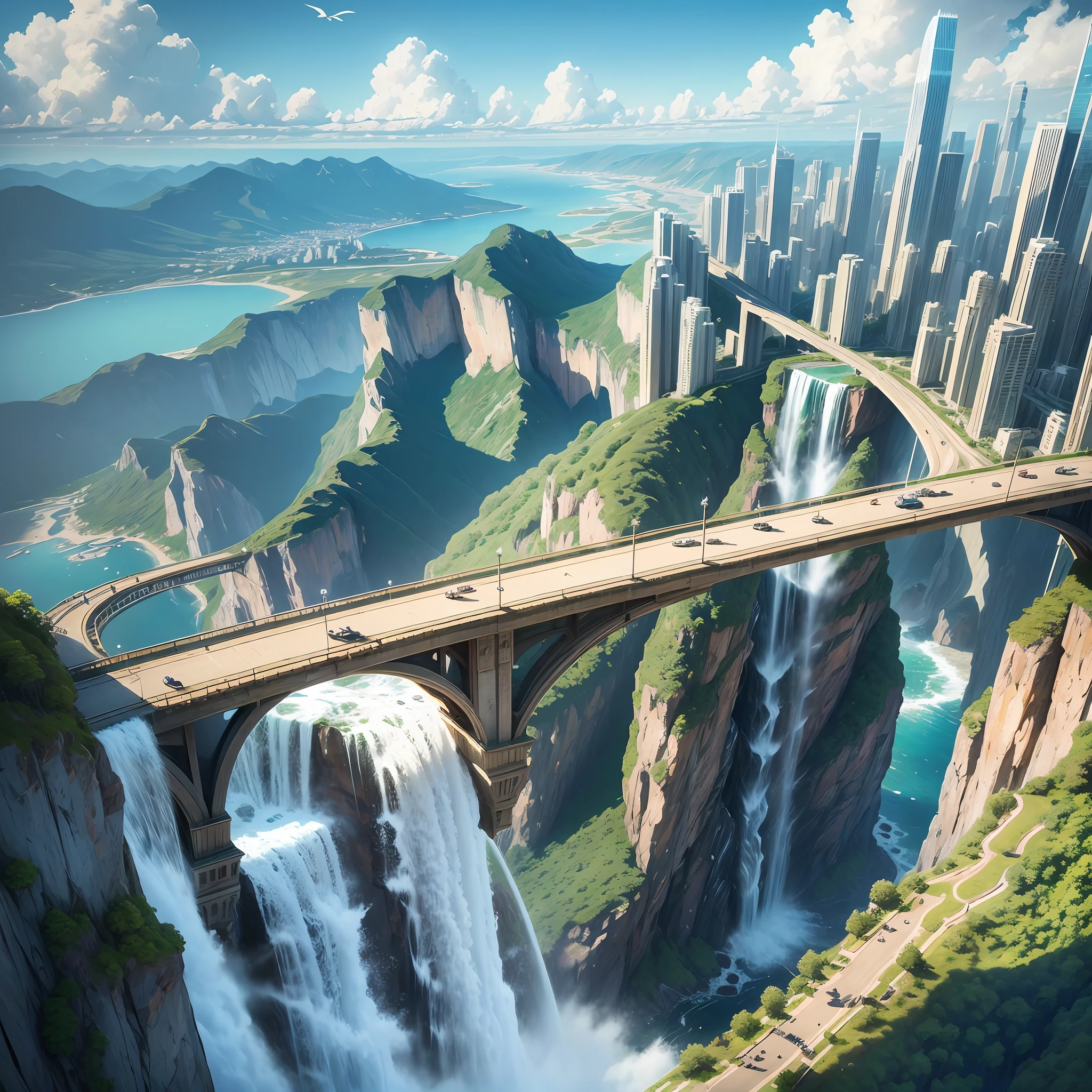 Realistic fantasy, detail, realism, computer clarity, 8kk, cliff, waterfall, glass bridge to the sky, wind (high ultra-clarity, detail of nature), on the edge of a cliff city (ultra-high detail of the city), (glass high-rise buildings), streets, many people, many birds --auto --s2