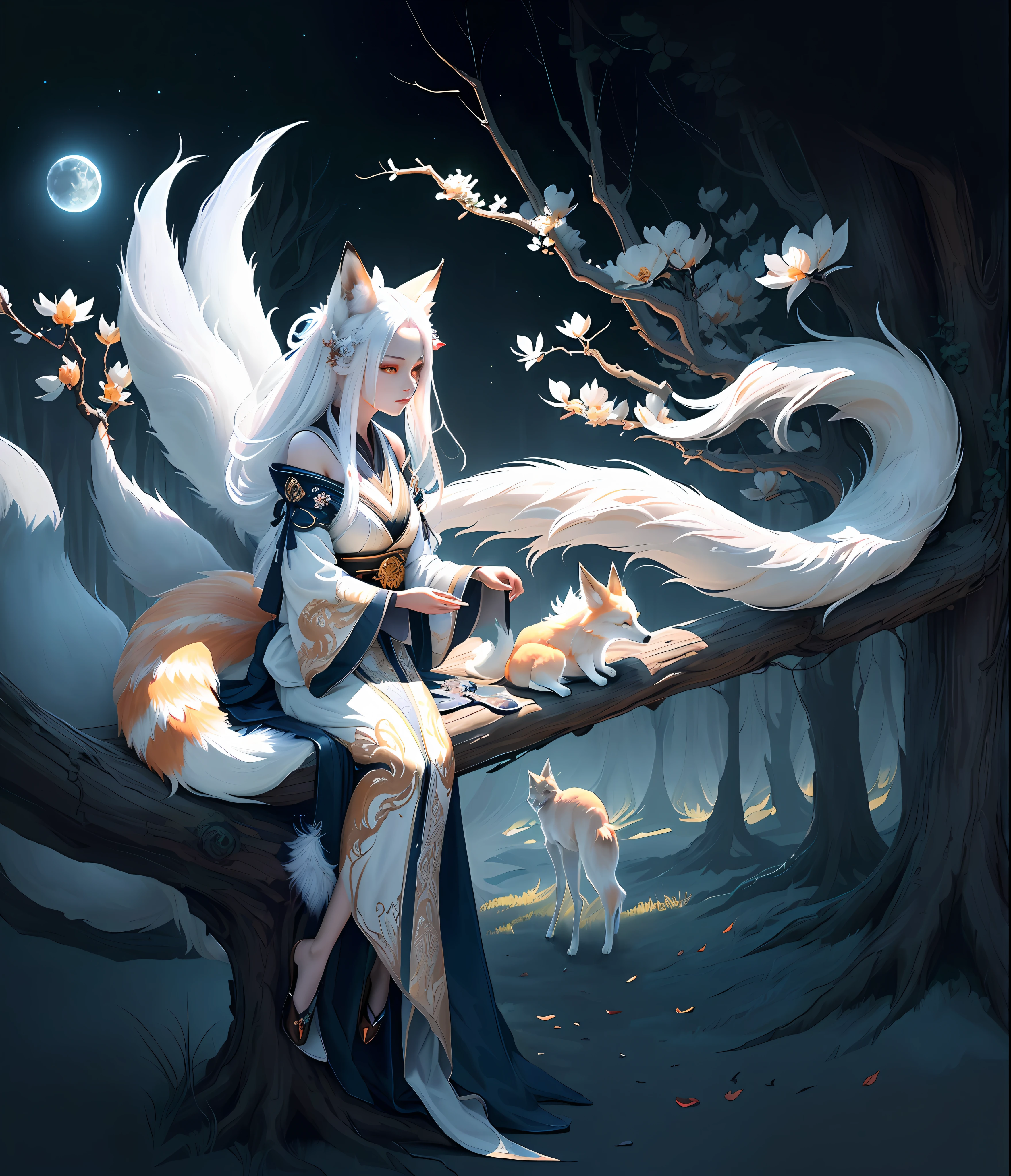 The background is a super large moon, painting of a fox with white hair sitting on a branch under the stars, ethereal fox, nine-tailed fox, dreamy, millennium fox demon, Onmyoji detailed art, nine tails, beautiful artwork illustration, mythical creatures, fox, beautiful digital artwork, exquisite digital illustration, mizutsune, inspired by mythical creature wildnet, digital art on pixiv, bright light, high contrast, horror movie theme, dark atmosphere