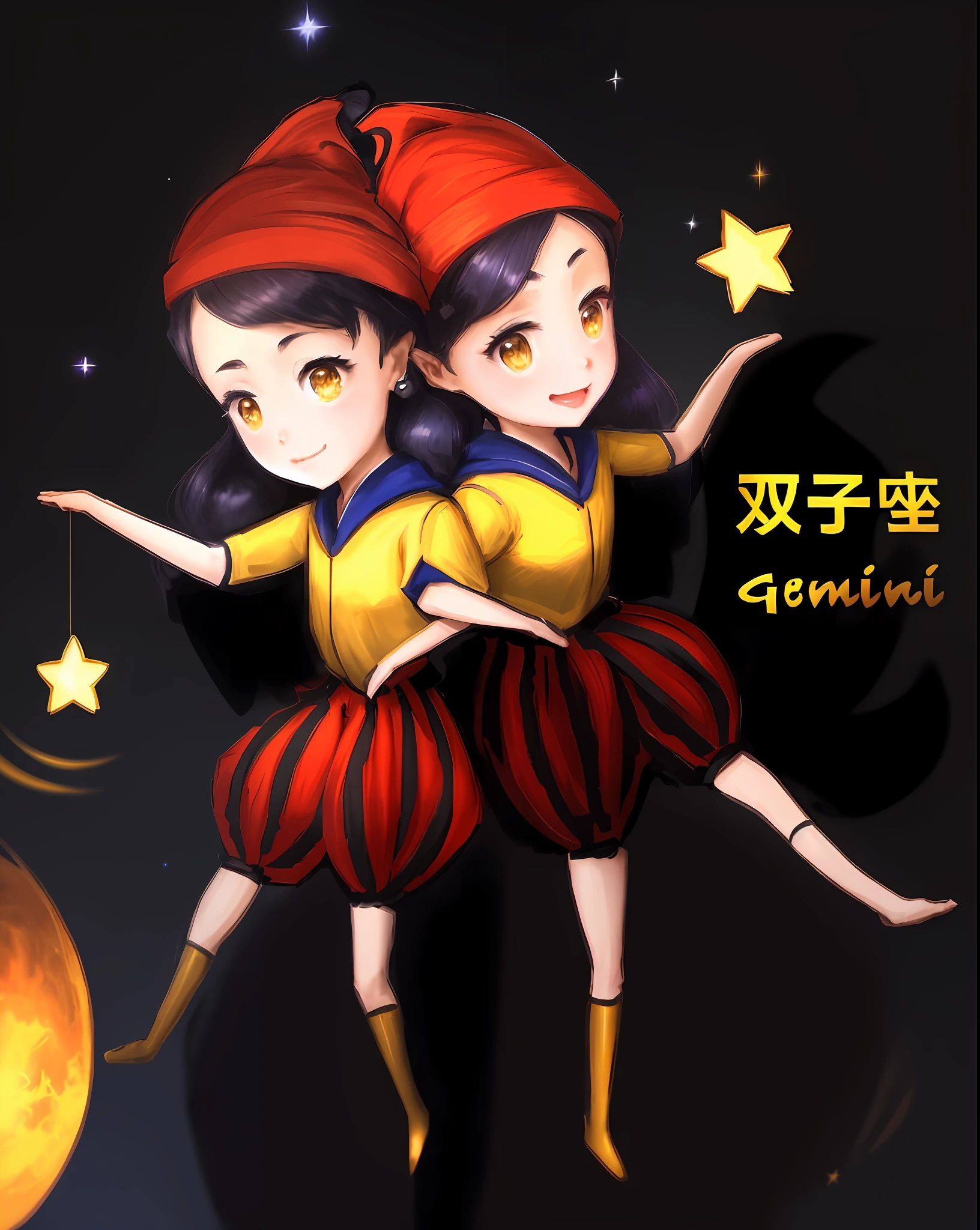 a close up of two people in costumes with a star, gemini, beautiful gemini twins, beautiful gemini good and evil, beautiful gemini twins portrait, official fanart, gemini gold cloth, by Qu Leilei, fanart, gemma chen, lunar themed attire, gemini star formation, anime cover, ❤🔥🍄🌪, profile picture, themed on the stars and moon