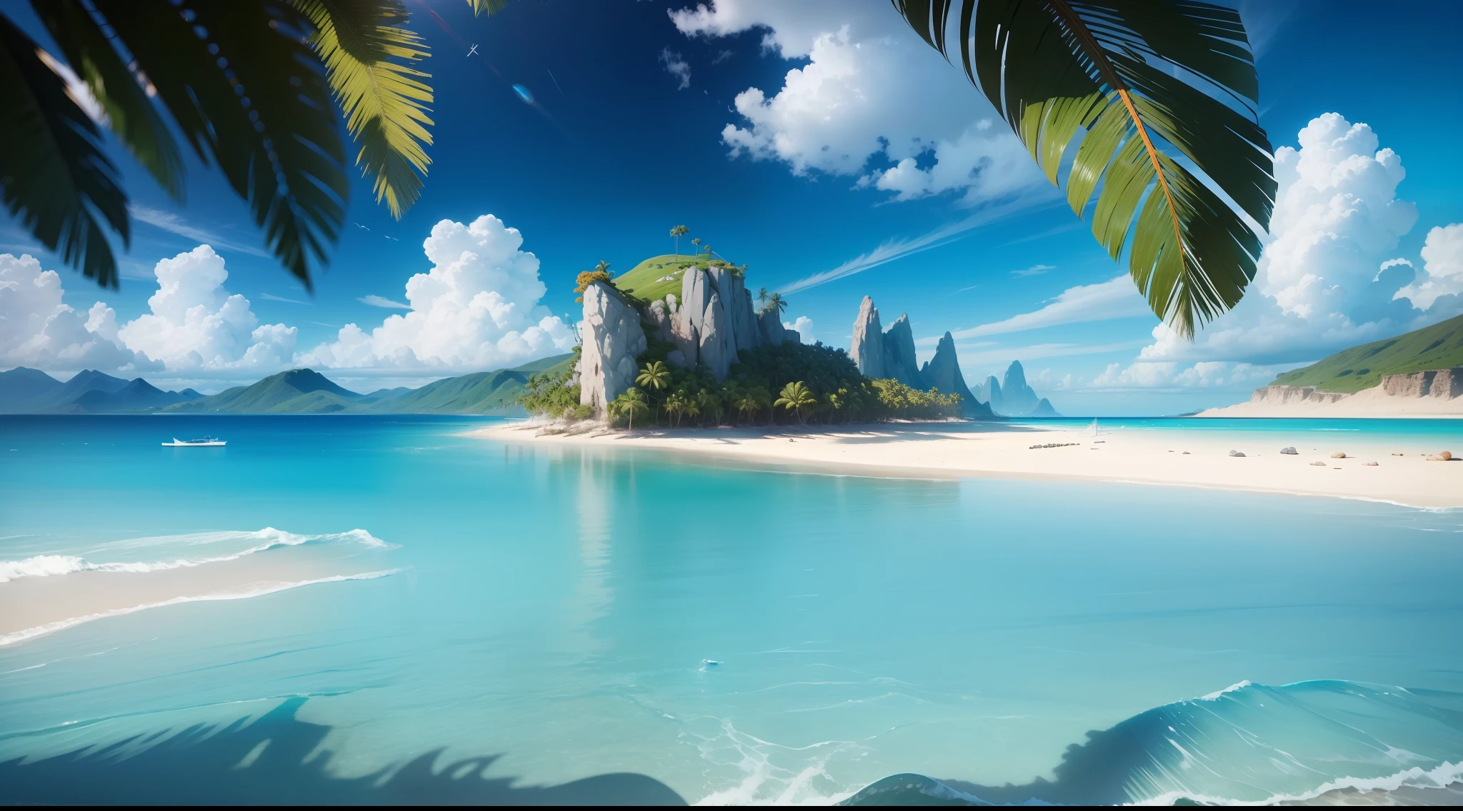 Summer, seaside, island, clear water, blue gradient water, transparent water, island, coconut trees, paradise, big clouds, blue sky, warm weather, HD detail, hyper-detail, cinematic, surrealism, soft light, bokeh deep field focus, distant snow mountains, ray tracing and surrealism. --v 6