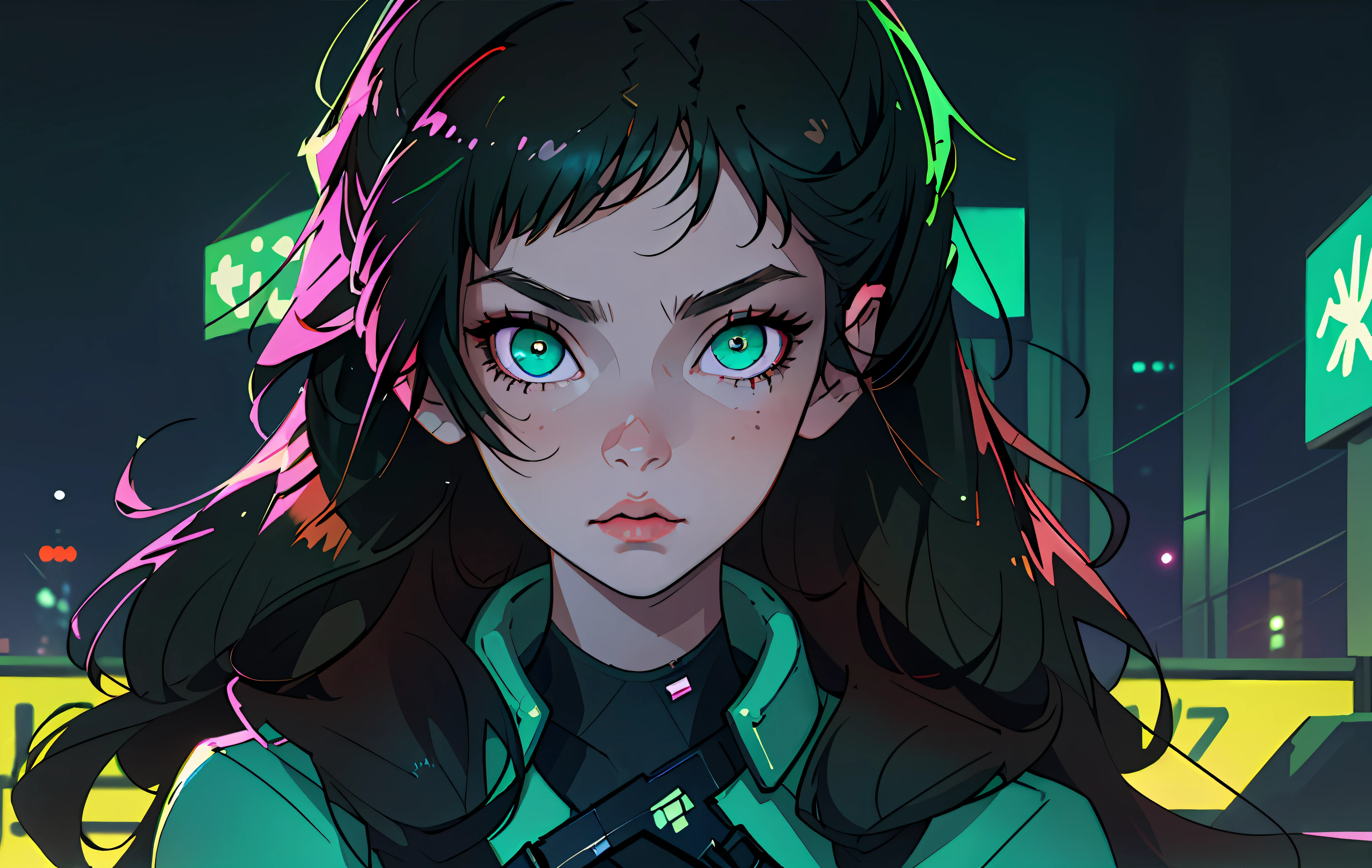 (Best Quality, Masterpiece1.2), (Detailed Eye:1.2), Complex Detail, Depth of Field, 1Girl, City, Cyberpunk, Neon, Neon Lights, Night, Moon, Green Eyes and Dark Hair, Full-Length, Looks at the Viewer