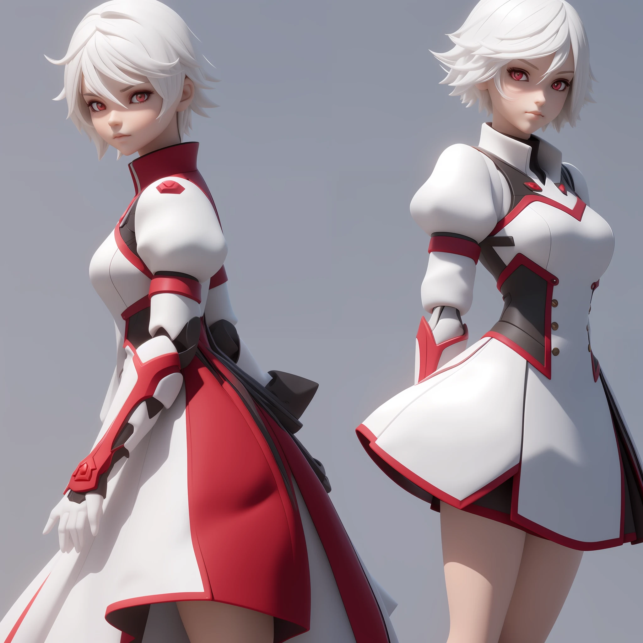 3d doll, white hair, red eyes, 3d character, 3d character, cute doll, beautiful 3d doll, 3d, 1 doll, 1 girl, short hair, standing, standing pose, full body, uma garota renderizada em anime 3D, realista 3D, roupa casual, vestido
