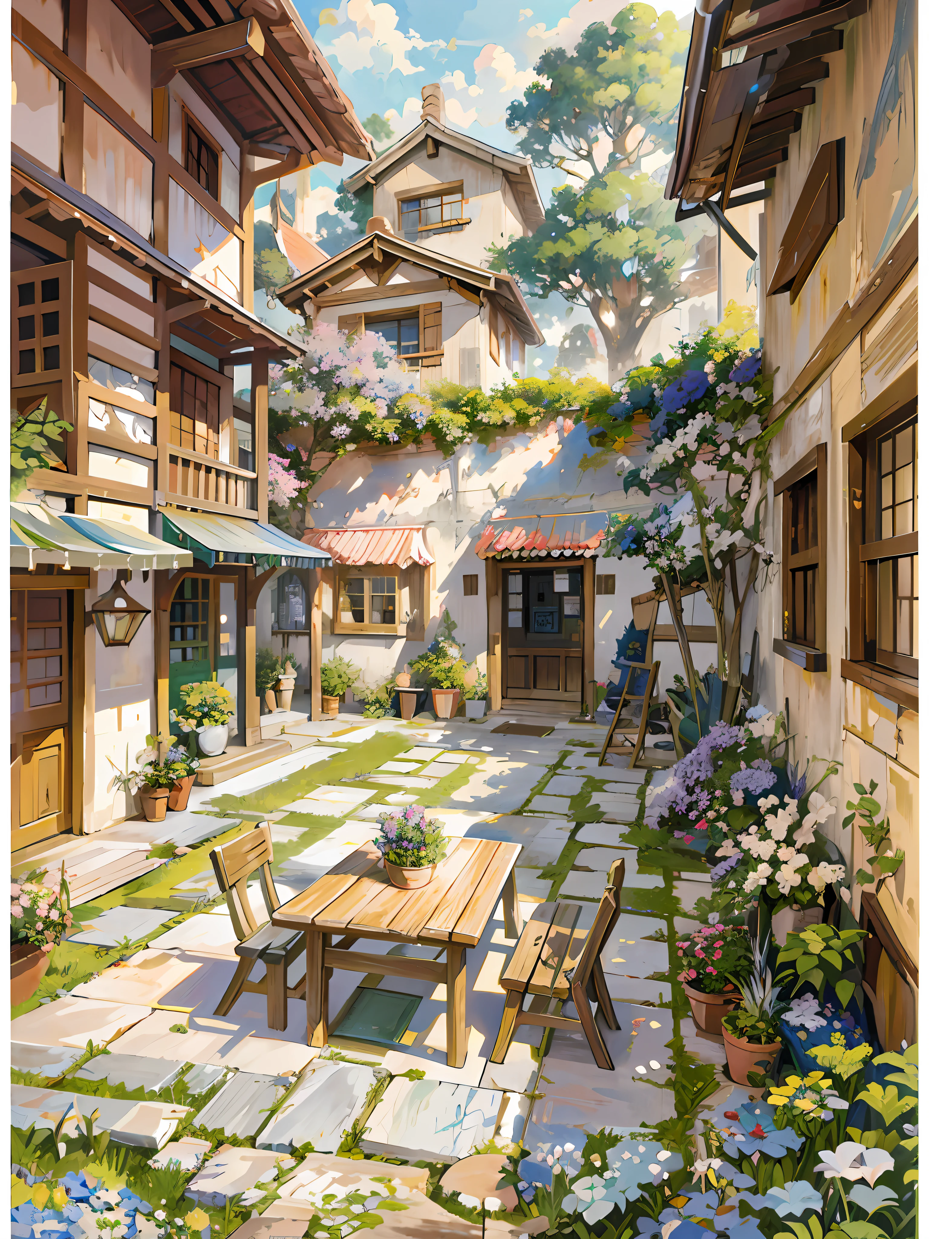 painting of a courtyard with a table and chairs and a bench, anime background art, relaxing concept art, anime scenery concept art, immensely detailed scene, a beautiful artwork illustration, detailed scenery —width 672, studio ghibli environment, highly detailed scene, environment design illustration, beautiful anime scene, ghibli studio style, anime scenery, detailed soft painting, environment painting