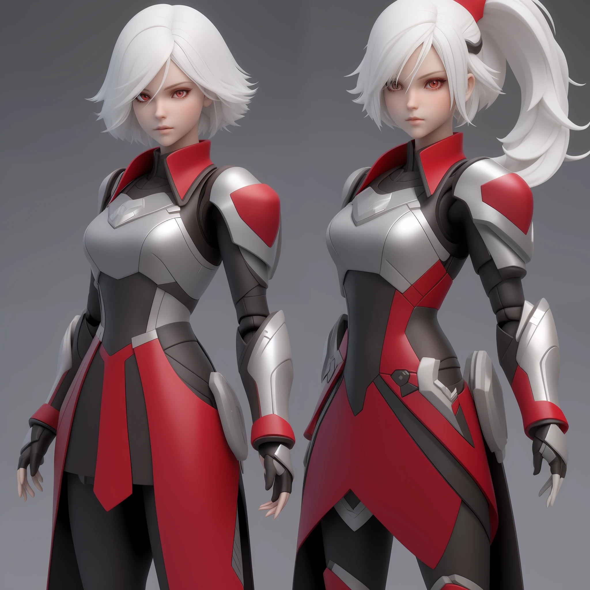 3d doll, white hair, red eyes, 3d character, 3d character, cute doll, beautiful 3d doll, 3d, 1 doll, 1 girl, short hair, standing, standing pose, full body, uma garota renderizada em anime 3D, realista 3D, roupa casual, vestido