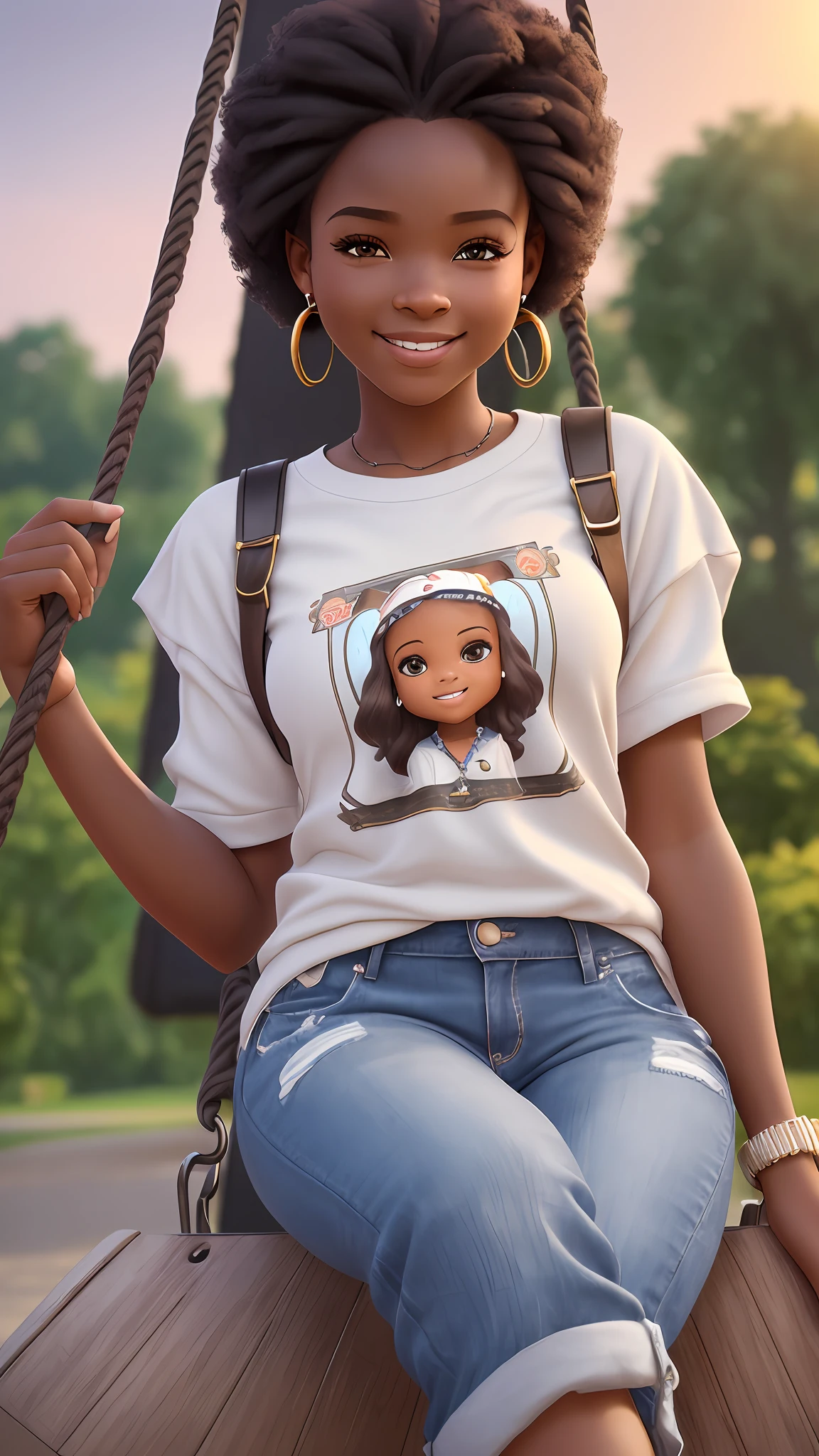 rendering retrat realistic of a 1 girl ((solo)), (crisp, perfect facial features), asymmetrical face, kind eye, (dark brown skin tone), cute, afro-alpine, cute smile, ((sitting on a swing in the park )), ((chibi) ) wearing t-shirt and jeans, current fashion, long hair with princess accessories, ((accessories, earrings)), park background, sunset, close-up, product view, detailed detail, pixar style , (((model face))), trend art, sharp detail, cgsociety, very high quality digital art, exquisite hyper detail, 4k, 8k soft lighting, dreamy, fashion, unreal engine rendering --auto --s2