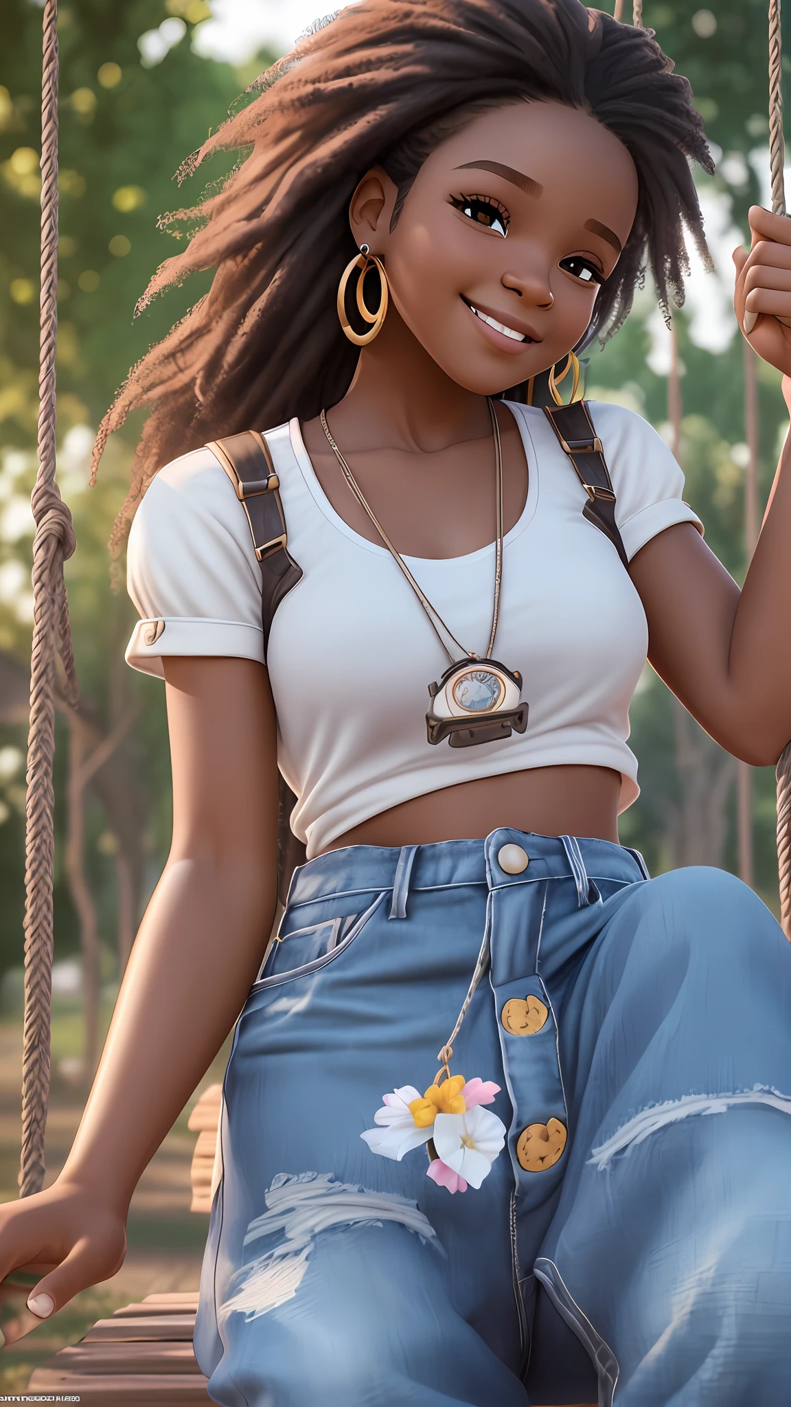 rendering retrat realistic of a 1 girl ((solo)), (crisp, perfect facial features), asymmetrical face, kind eye, (dark brown skin tone), cute, afro-alpine, cute smile, ((sitting on a swing in the park )), ((chibi) ) wearing t-shirt and jeans, current fashion, long hair with princess accessories, ((accessories, earrings)), park background, sunset, close-up, product view, detailed detail, pixar style , (((model face))), trend art, sharp detail, cgsociety, very high quality digital art, exquisite hyper detail, 4k, 8k soft lighting, dreamy, fashion, unreal engine rendering --auto --s2