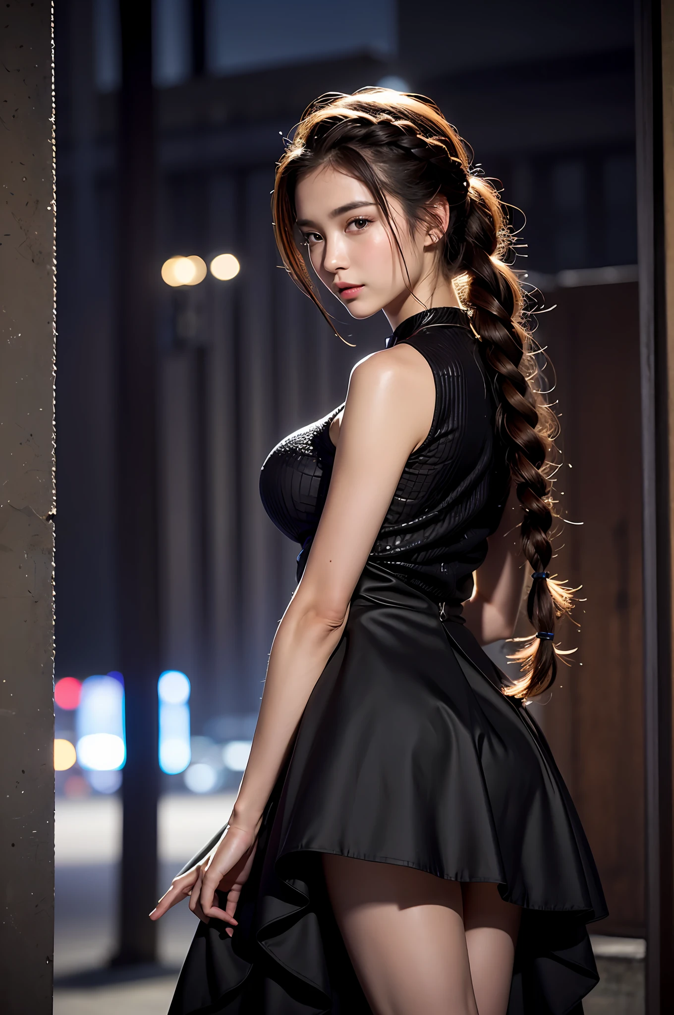 18 year old girl with perfect face and big breasts, cute clothes, slim and slender physique. The skin has detailed and highly detailed eyes (1.1 emphasis), very detailed skin texture (1.1 emphasis). Slender necklace, model photo style, photorealistic, skin texture is real human skin texture, detailed skin pores, intricate details, eyes very detailed, braided hair, from the knee up, little smile, cute pose, sexy mouth, night view: 2, dark riding, date, standing, profile, black dress: 2,black flared skirt, black suit, smile, From the viewer's point of view, looking back, night view of the building
