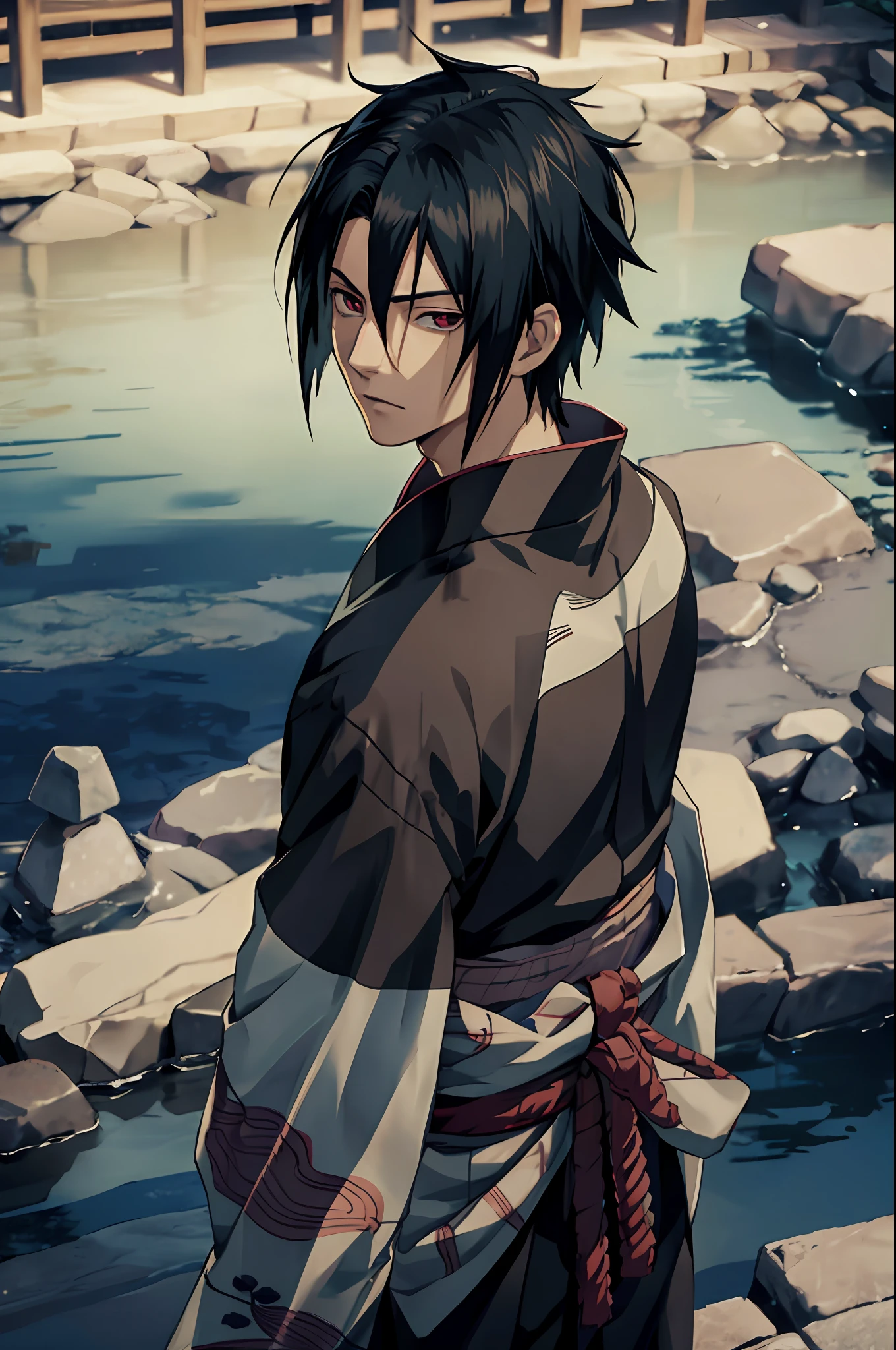 Sasuke uchiha, (Sasuke), handsome face, masterpiece, best quality, (1 man), 25 years old, mature, short hair, pale skin, broad shoulders, Korean hair, black hair, (one of the eyes covered by bangs) red eyes, wearing kimono, ninja clothes, shinobi, feudal japan, from above, depth of field, feudal city, end of day, twilight, dusk, dark theme