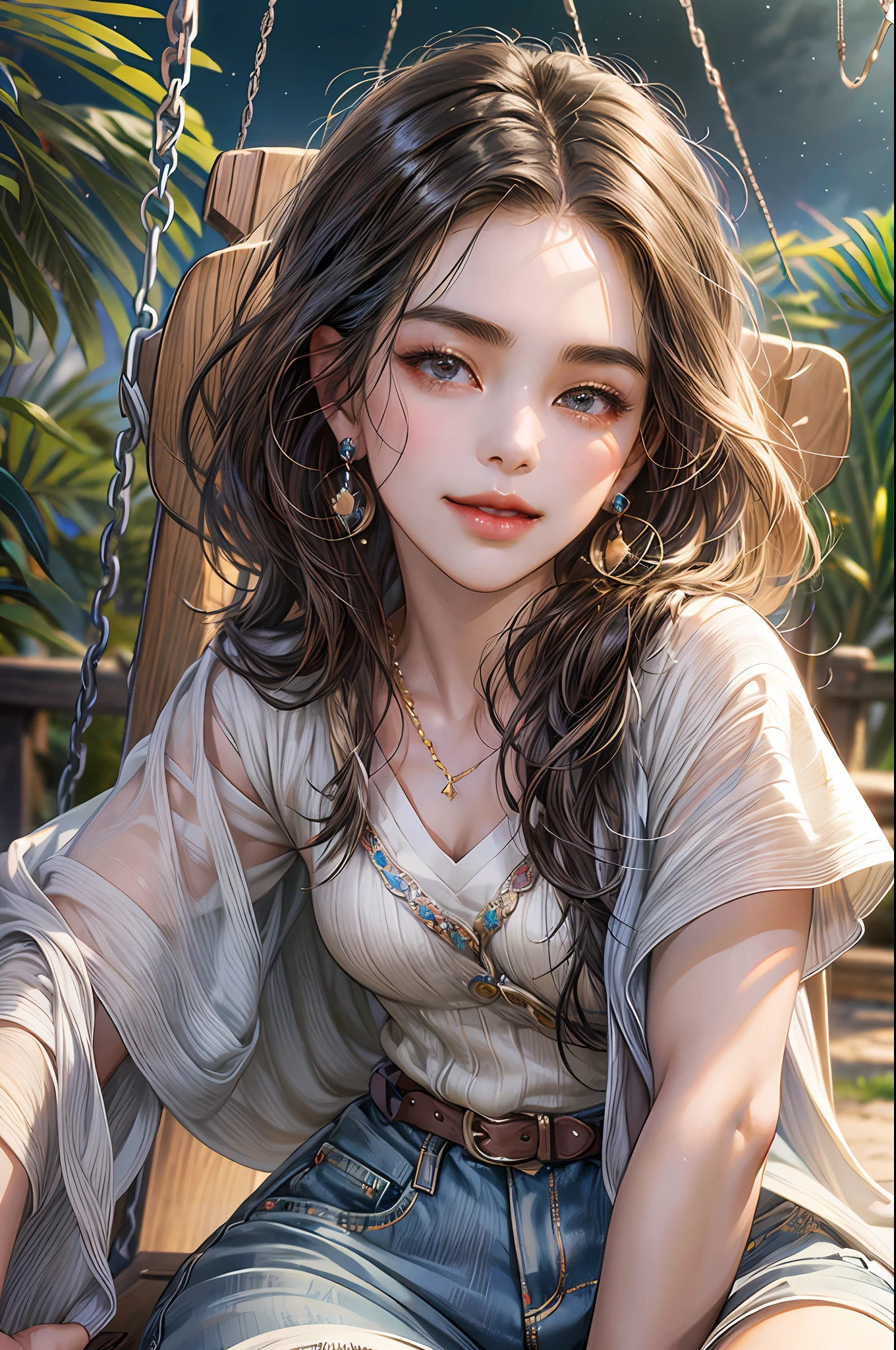 rendering retrat realistic of a 1  girl ((solo)), (crisp, perfect facial features), asymmetrical face, kind eye, (dark brown skin tone), cute, afro-alpine, cute smile, ((sitting on a swing in the park )), ((chibi) ) wearing t-shirt and jeans, current fashion, long hair with princess accessories, ((accessories, earrings)), park background, sunset, close-up, product view, detailed detail, moana style , (((model face))), trend art, sharp detail, cgsociety, very high quality digital art, exquisite hyper detail, 4k, 8k soft lighting, dreamy, fashion, unreal engine rendering --auto --s2