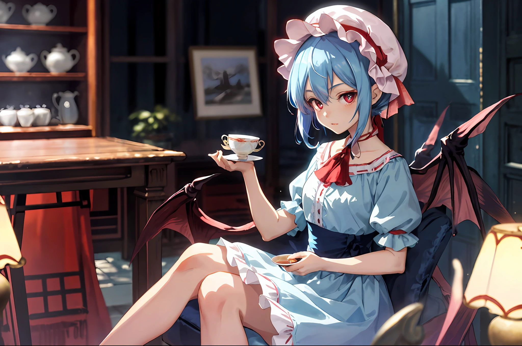 Oriental Project, Remilia Scarlet holding a tea saucer in her left hand, blue light blue hair, holding a teacup filled with black tea in her right hand, sitting on a white chair, warm lighting, blurred foreground, cute, , anime, 4k, blue tone, with demon wings, shower cap, masterpiece