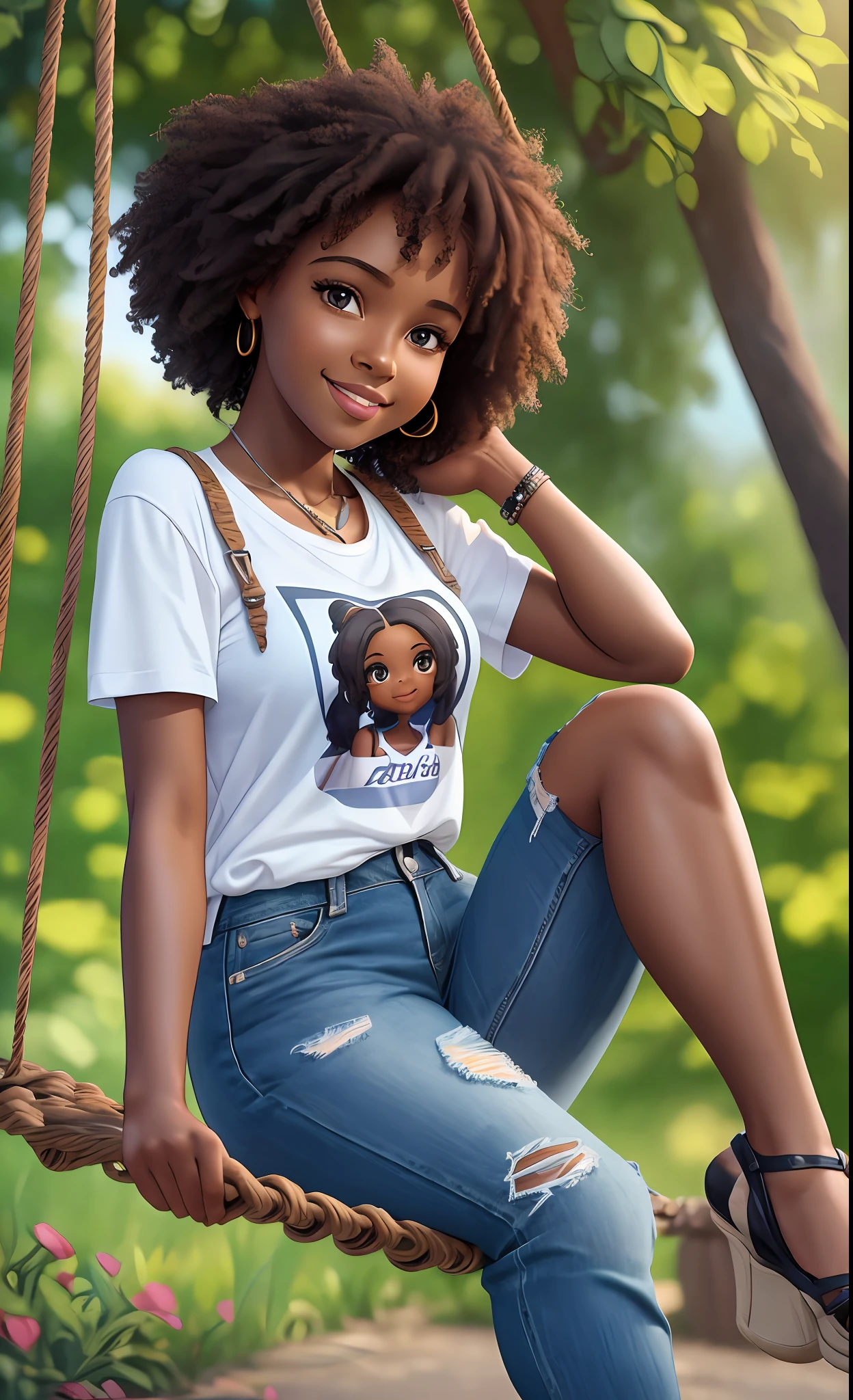 3D rendering of a 1  girl ((solo)), (crisp, perfect facial features), asymmetrical face, kind eye, (dark brown skin tone), cute, afro-alpine, cute smile, ((sitting on a swing in the park )), ((chibi) ) wearing t-shirt and jeans, current fashion, long hair with princess accessories, ((from under a tree)), park background, sunset, close-up, product view, detailed detail, pixar style, (((model face))), trend art, sharp detail, cgsociety, very high quality digital art, exquisite hyper detail, 4k, 8k soft lighting, dreamy, fashion, unreal engine rendering  :3 --auto --s2