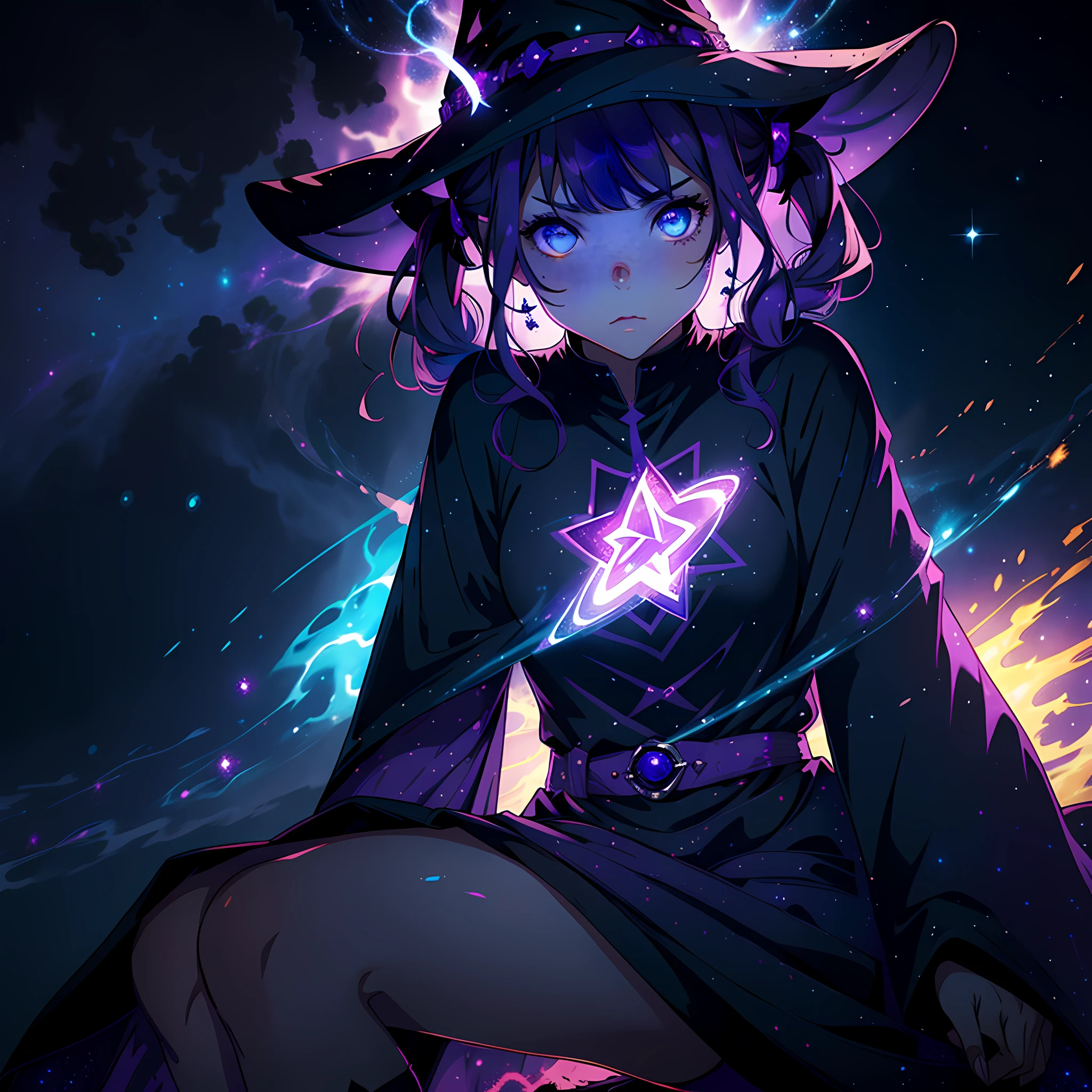 1girl, solo, plump, witch, purple, blue eyes, glowing eyes, cape, star pattern, purple t-shirt, wavy skirt, sequins, transparent fabric, black socks, witch hat, glowing star, purple long hair, twintails, bangs, sitting, fire, lights, flying lights
