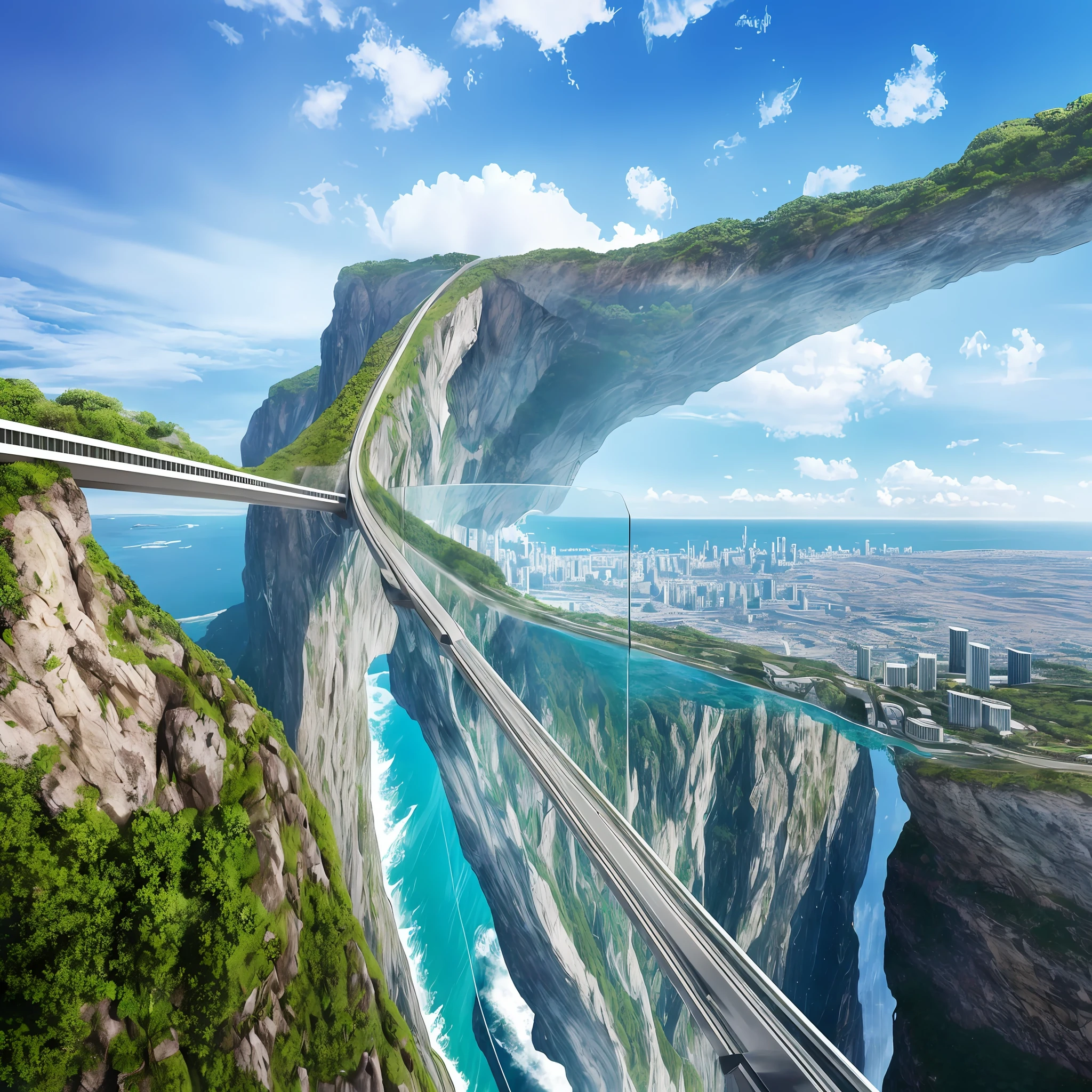 Realistic fantasy, detail, realism, computer clarity, 8kk, cliff, waterfall, glass bridge to the sky, clouds, wind (high ultra-clarity, detail of nature), on the edge of a cliff city (ultra-high detail of the city), (glass high-rise buildings), streets, many people, --auto --s2