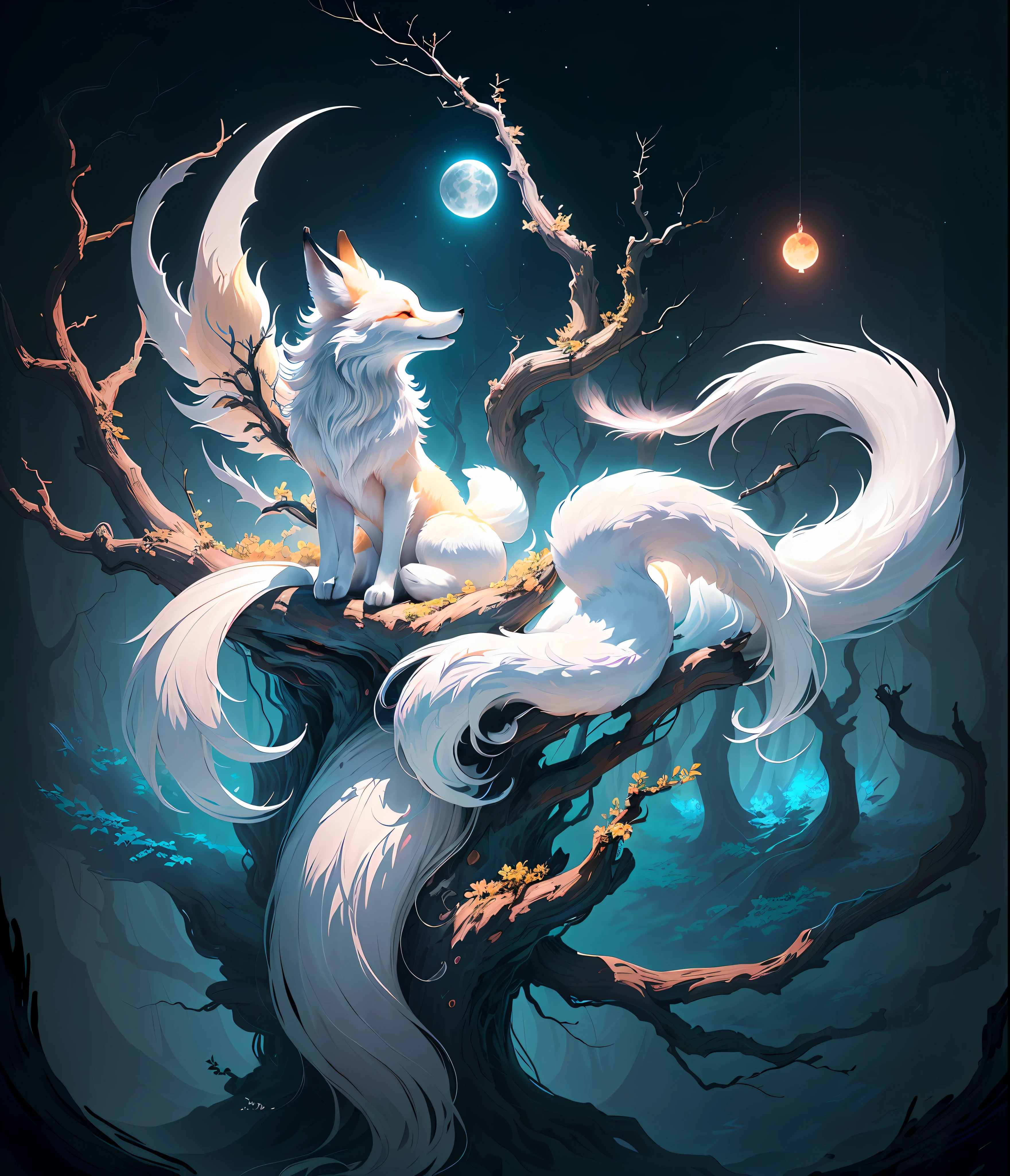 The background is a super large moon, painting of a fox with white hair sitting on a branch under the stars, ethereal fox, nine-tailed fox, dreamy, millennium fox demon, Onmyoji detailed art, nine tails, beautiful artwork illustration, mythical creatures, fox, beautiful digital artwork, exquisite digital illustration, mizutsune, inspired by mythical creature wildnet, digital art on pixiv, bright light, high contrast, horror movie theme, dark atmosphere