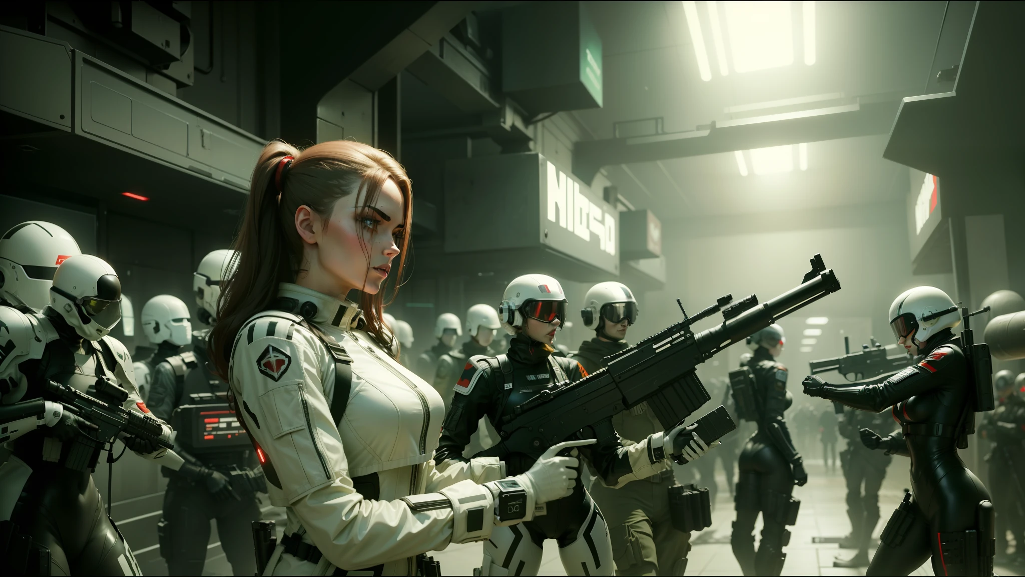 there are many red plastic figures lined up, cinematic frame, trendy futuristic woman holding a gun, by Thomas Doughty, cyber wars, wearing latex, by Władysław Podkowiński, militarist, presented in cinematic, cinematic rendering --ar 16:9 --auto --s2