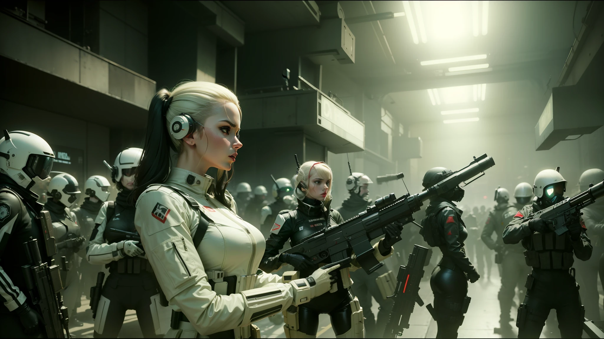 there are many red plastic figures lined up, cinematic frame, trendy futuristic woman holding a gun, by Thomas Doughty, cyber wars, wearing latex, by Władysław Podkowiński, militarist, presented in cinematic, cinematic rendering --ar 16:9 --auto --s2