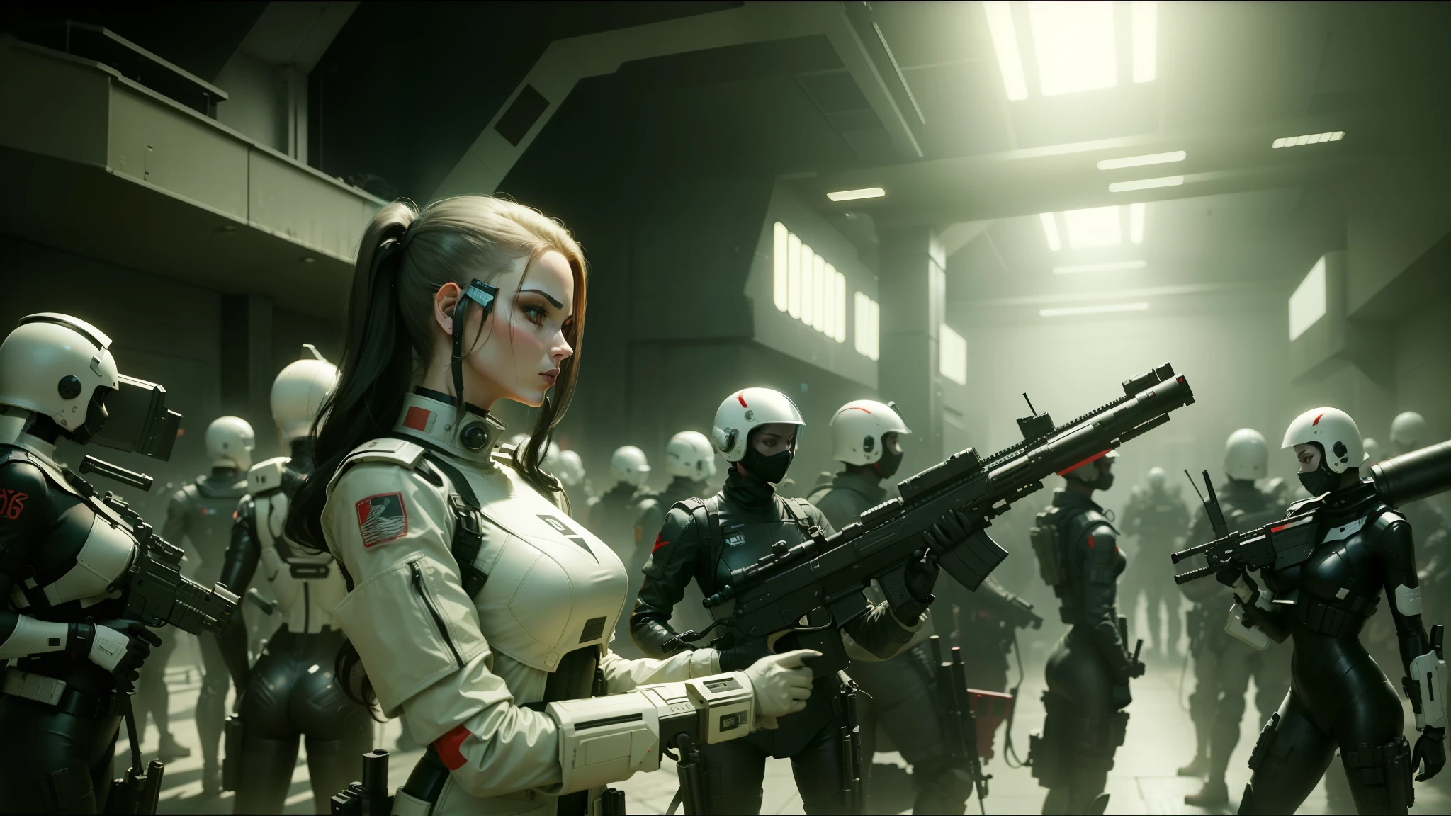 there are many red plastic figures lined up, cinematic frame, trendy futuristic woman holding a gun, by Thomas Doughty, cyber wars, wearing latex, by Władysław Podkowiński, militarist, presented in cinematic, cinematic rendering --ar 16:9 --auto --s2