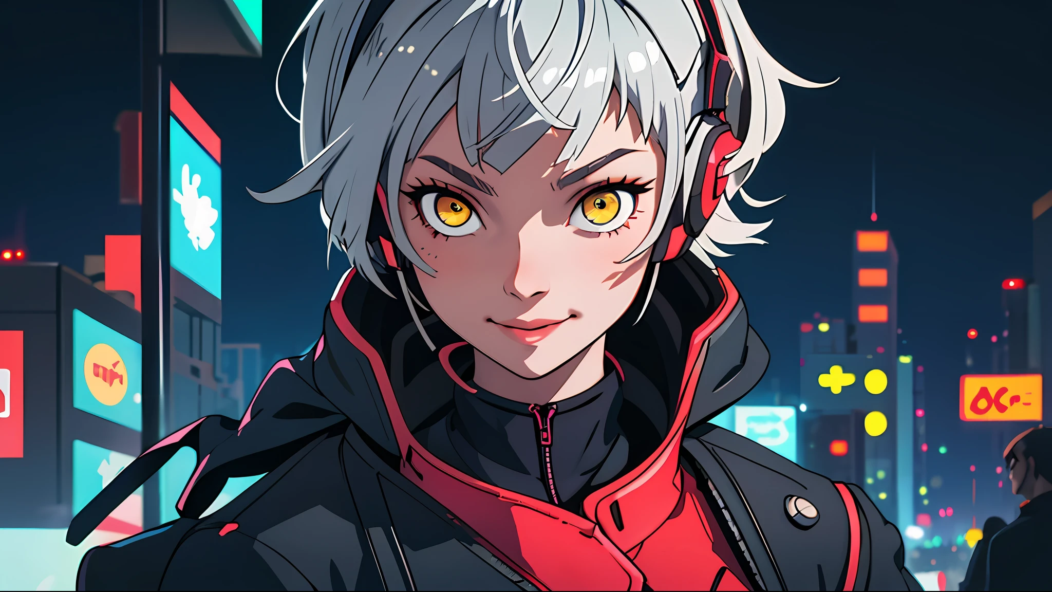 (best quality, masterpiece) one Cute girl in a technological suit, gray hair, yellow eyes, short bob haircut, big cyber headphones instead of ears, close-up, upper half of the body to the waist, waist-deep, on the background of a night city with neon phonors, looks at the viewer, cyberpunk, a lot of red details, night, illustration, smile, cute look