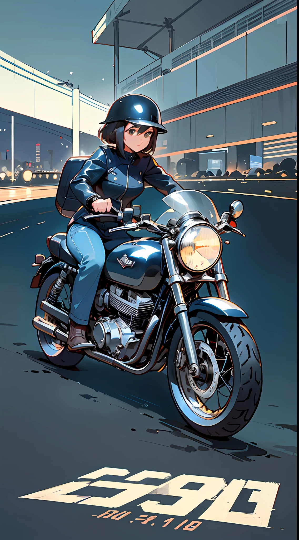 There is a black motorcycle parked on a white surface, 1 9 6 0 s Café racer, 1970 ', restored, a beautiful, vintage - W 1 0 2 4,female biker driving(leather jacket, open visor helmet),city night background, (main color: navy blue), (secondary color: brown), rain, wet ground