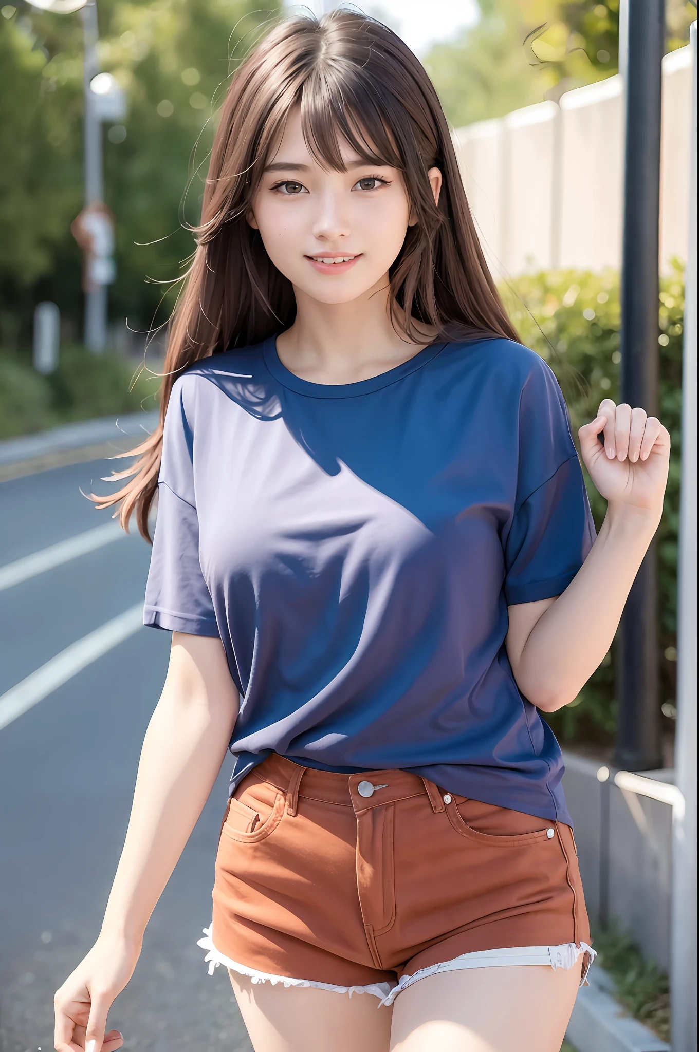 (8K, Best Quality, Masterpiece: 1.2), (Realistic, Photorealistic: 1.37), Super Detail, 1 Girl, 20 years old, Big, Beauty, Cute, Smile, Solo, (Nose Red), (Smile: 1.15), (Mouth Closed), Plain T-shirt, Shorts, Beautiful Eyes, (Long Hair: 1.2), Floating Hair Novafrog style, upper body