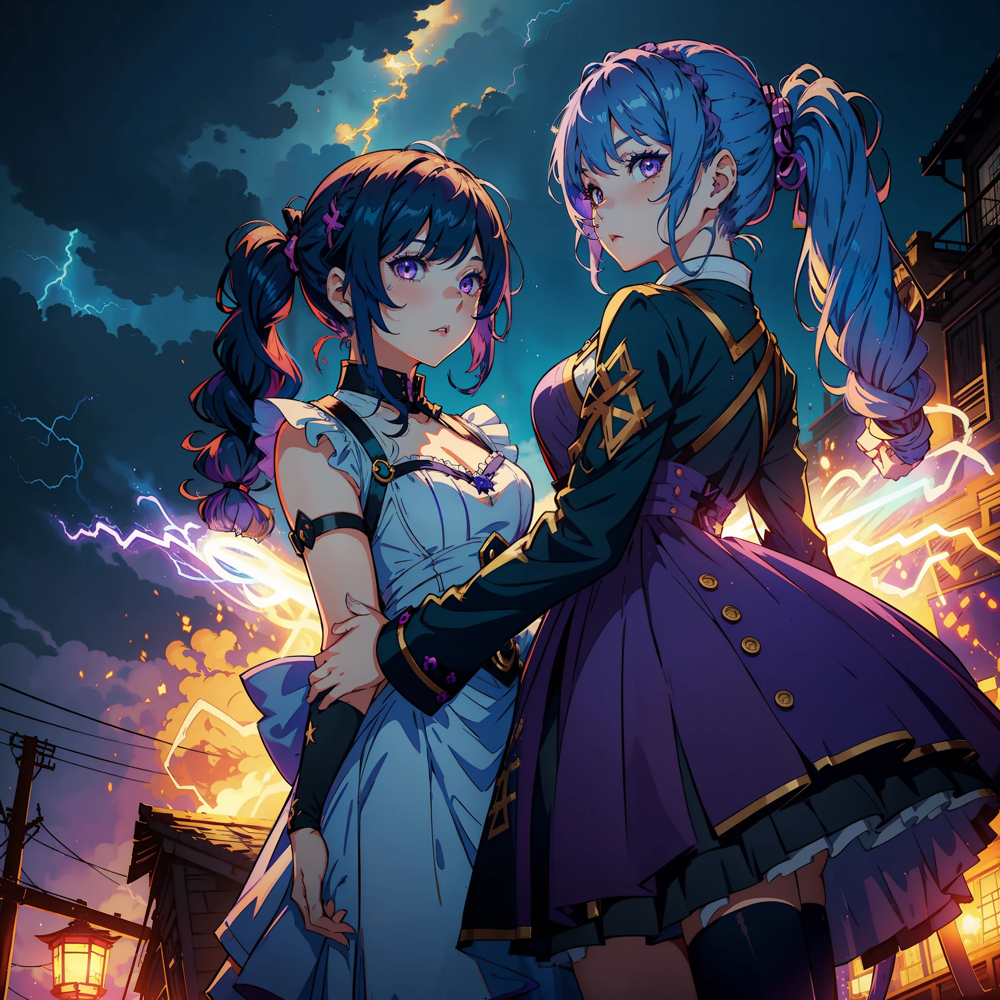 2girls, (female, purple hair, blye eyes, twintails, mona genshin impact), (female, blue hair, golden eyes, wavy hairstyle, layla genshin impact), looking at each other, witches, background night sky, electricity, storm, lightning, maid clothing