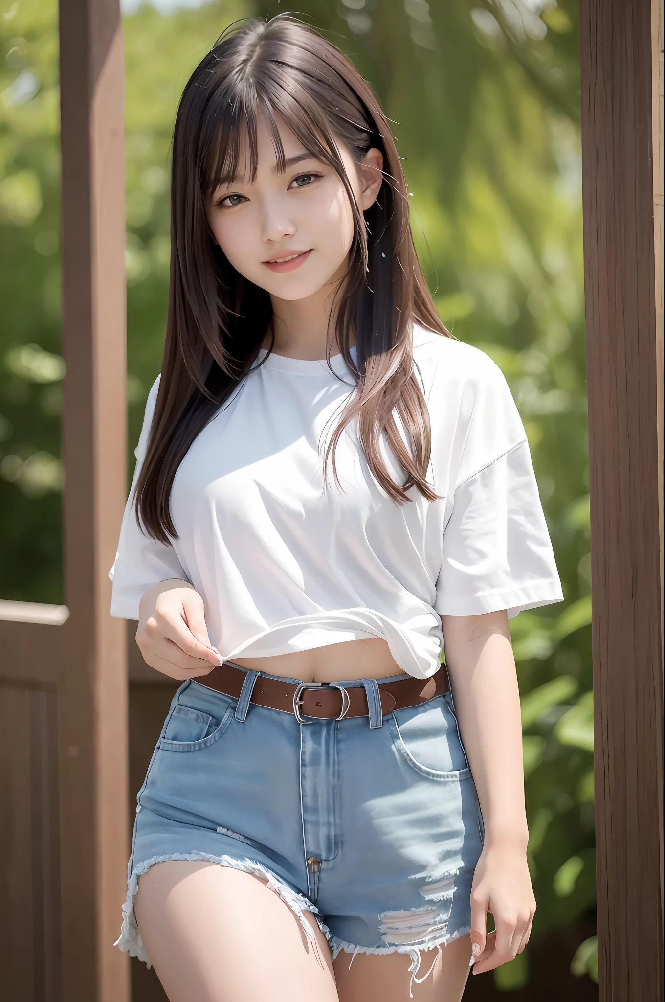 (8K, Best Quality, Masterpiece: 1.2), (Realistic, Photorealistic: 1.37), Super Detail, 1 Girl, 20 years old, Big, Beauty, Cute, Smile, Solo, (Nose Red), (Smile: 1.15), (Mouth Closed), Plain T-shirt, Shorts, Beautiful Eyes, (Long Hair: 1.2), Floating Hair Novafrog style, upper body