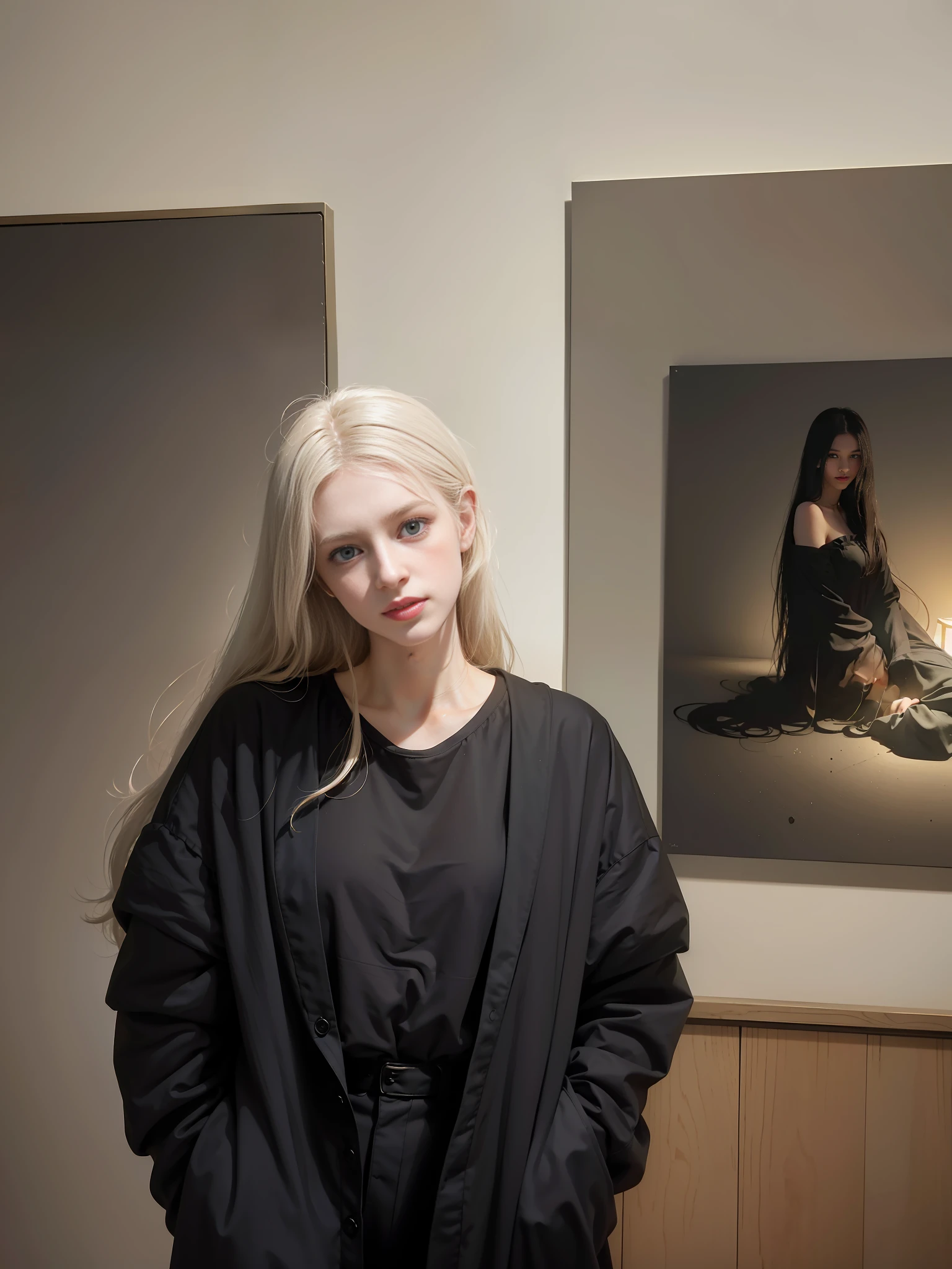 ((You may be one person to the world but you may also be the world to one person, paradox, Adrian Ghenie, jenny saville, edward hopper, dark art by James Jean, Takato Yamamoto)),(RAW photo, best quality), ((Nostalgia,1980s syle)),(A girl with a literary atmosphere:1.2),(realistic, photo-realistic:1.3), extremely delicate and beautiful, Amazing, finely detail, masterpiece, ultra-detailed, highres,best illustration, best shadow,intricate,depth of field,1girl,(long legs:1.4),long hair,messy hair,((((low key,dark scene,dimly lit)))),fat,(((soft lighting:1.4))),(pale skin:1.4),(shy smile),(cinematic angle),sharp focus, volumetric fog, 8k UHD, DSLR, high quality,( film grain:1.4), Fujifilm XT3,(looking at viewer)