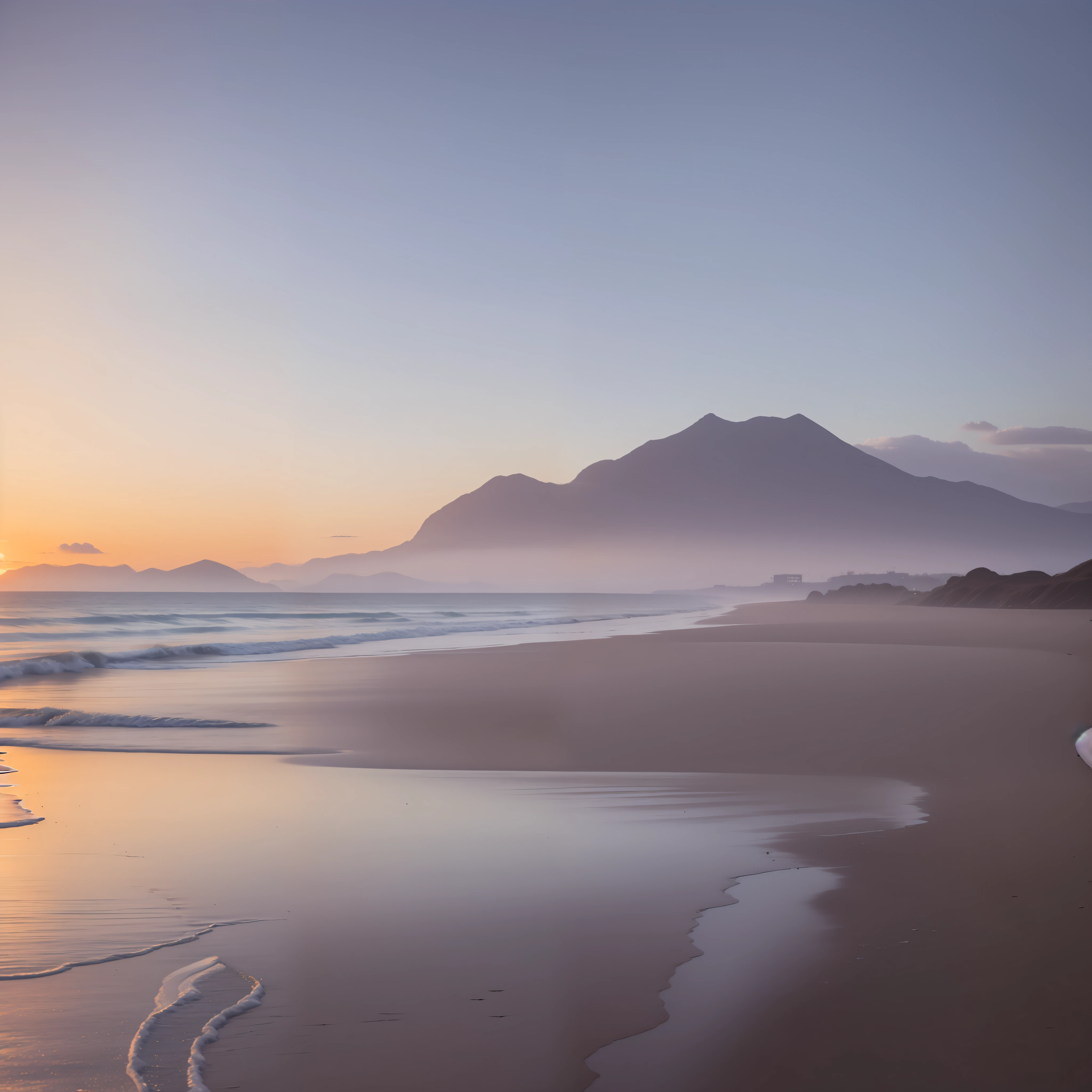 chill misty early morning on the shore, people walking in the distance, relaxing vibe, 8k quality, photorealistic, beautiful sky, beautiful ocean, beautiful beach