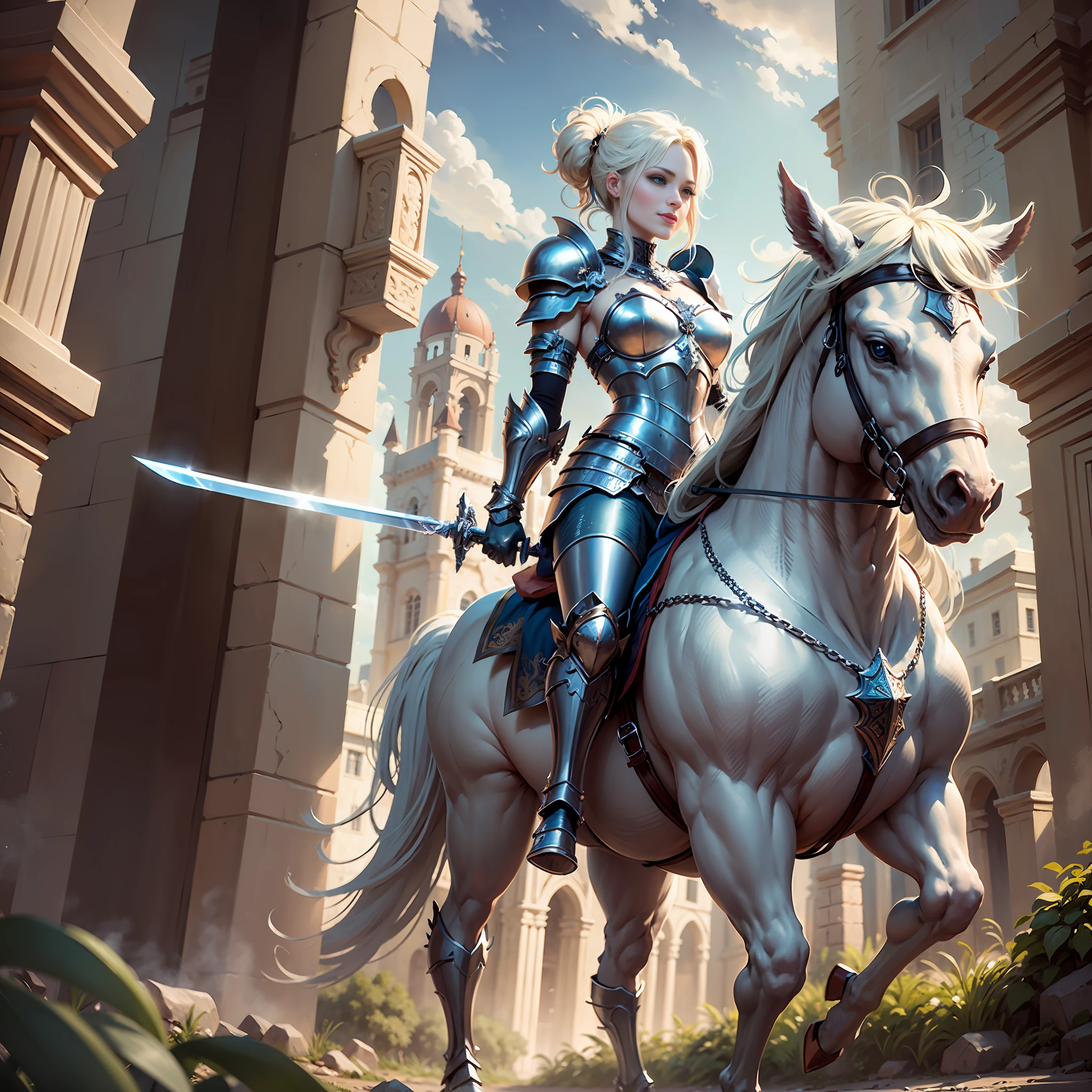 (((Medium shot))), couple, ((a man and a woman)), two individuals, battle, gorgeous background, pegasus in the sky, castle in the distance, ((big sword)), frolic, hitting, sweet, happiness, smile, armor, chain mail, armor, happy, pretty eyes, playful, surrealism, pov, romanticism, cinematic lighting, 8K, UHD, masterpiece, ccurate, anatomically correct, textured skin, high detail, high quality, high resolution, award-winning, Best Quality, 16K, Bad Body, Bad Hands, Bad Legs.