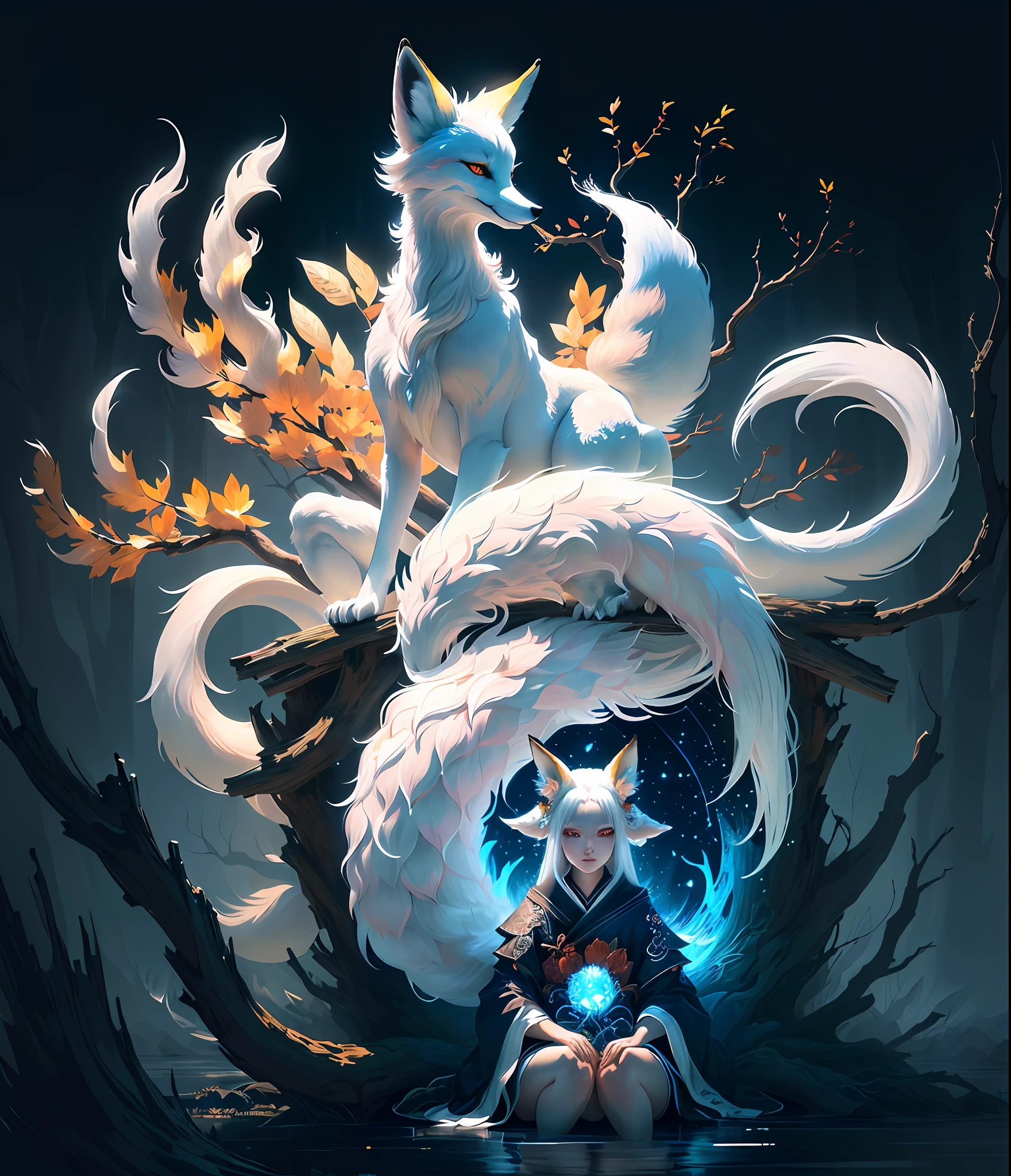 The background is a super large moon, painting of a fox with white hair sitting on a branch under the stars, ethereal fox, nine-tailed fox, dreamy, millennium fox demon, Onmyoji detailed art, nine tails, beautiful artwork illustration, mythical creatures, fox, beautiful digital artwork, exquisite digital illustration, mizutsune, inspired by mythical creature wildnet, digital art on pixiv, bright light, high contrast, horror movie theme, dark atmosphere