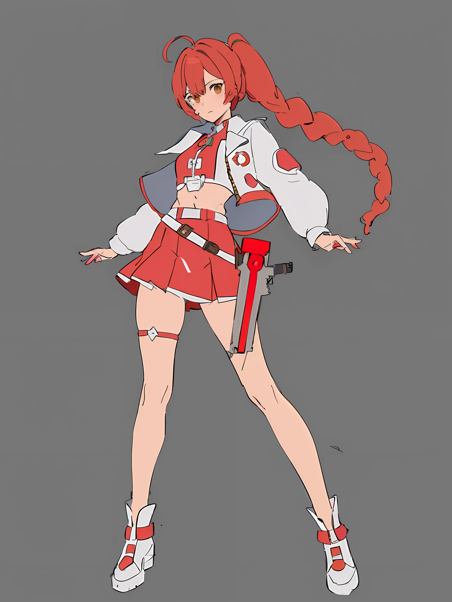 anime girl in a red and white uniform with a gun, cushart krenz, female protagonist 👀 :8, cushart kenz, female action anime girl, sakura kinomoto, guilty gear art style, anime character design, female anime character, anime style character, katana zero video game character, sakura haruno, ( ( character concept art ) )