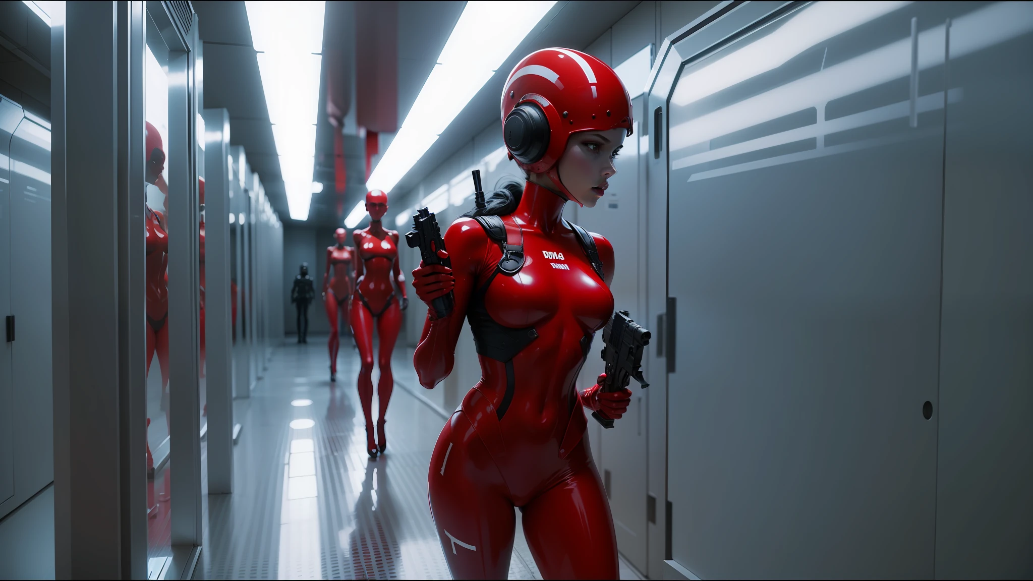 there is a woman with a gun in a room full of red skulls, 2 0 2 1 cinematic 4 k framegrab, white body, style of jim burns, official dior editorial, hi - fructose art magazine, mannequins, terada katsuya, tumblr aesthetic, charlize, whose mind is pure machinery, bjd --ar 16:9 --auto --s2