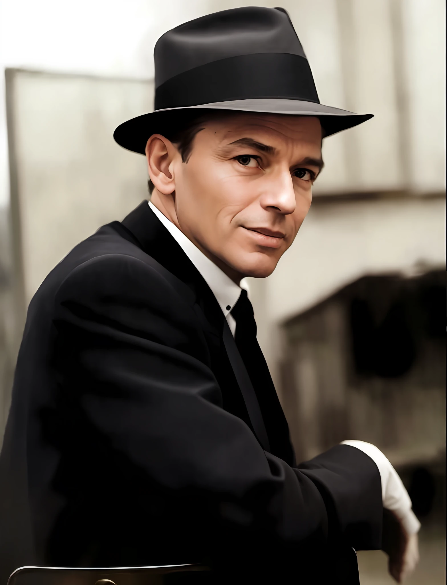 arafed man in a black suit and hat sitting on a chair, frank sinatra, a suited man in a hat, inspired by George Bogart, by Kurt Seligmann, tipping his fedora, he is wearing a black trenchcoat, by George Bogart, a colorized photo, eddie, smug look, handsome man