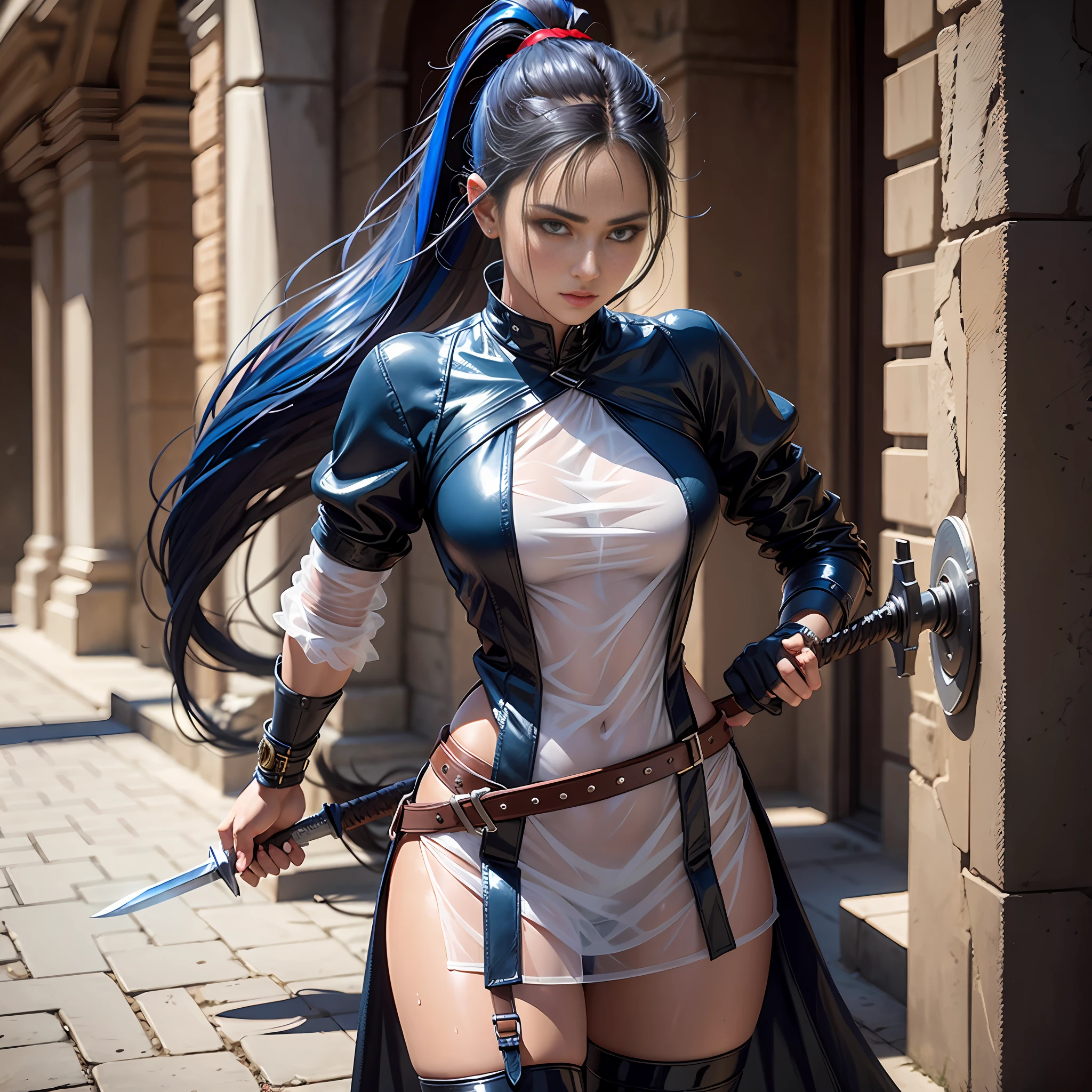 Public dark hair, Ponytail, beautiful female warrior, approximately 20 years of age, with a perfect body and dressed in shiny leather elements? The character has dark blue hair with red highlights, tied in a horse tail, and holds a short sword in her hand. I would like the drawing to be done in any graphic convention that fits the character’s nature, wet skin, shiny skin, Transparent organza flowing coat, photorealistic: 2.0. Wet clothes, wet skin, shiny skin, public dark hair, no pants