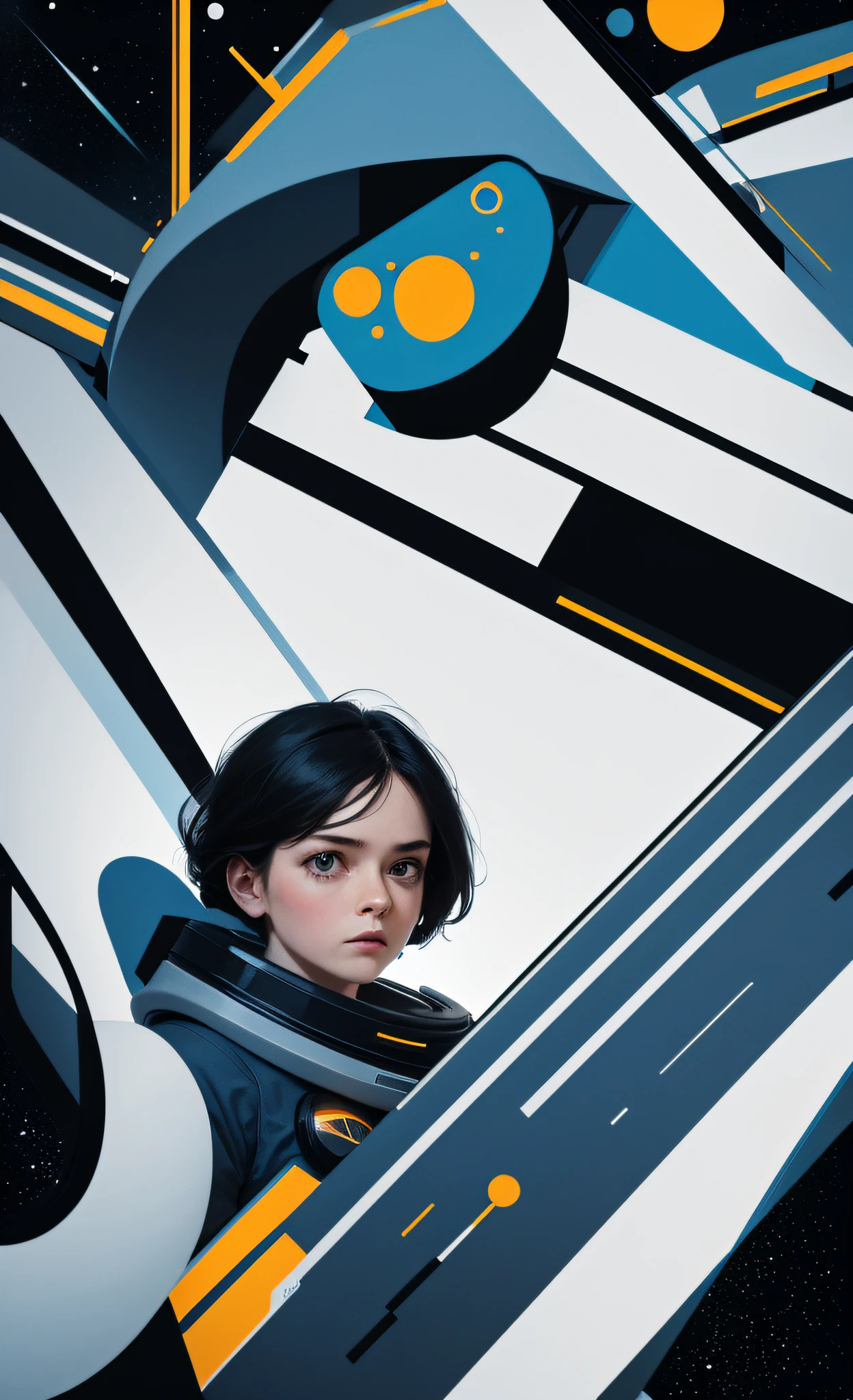 masterpiece, best quality, 1girl, space thriller movie poster, Bauhaus, shapes, lines, abstract