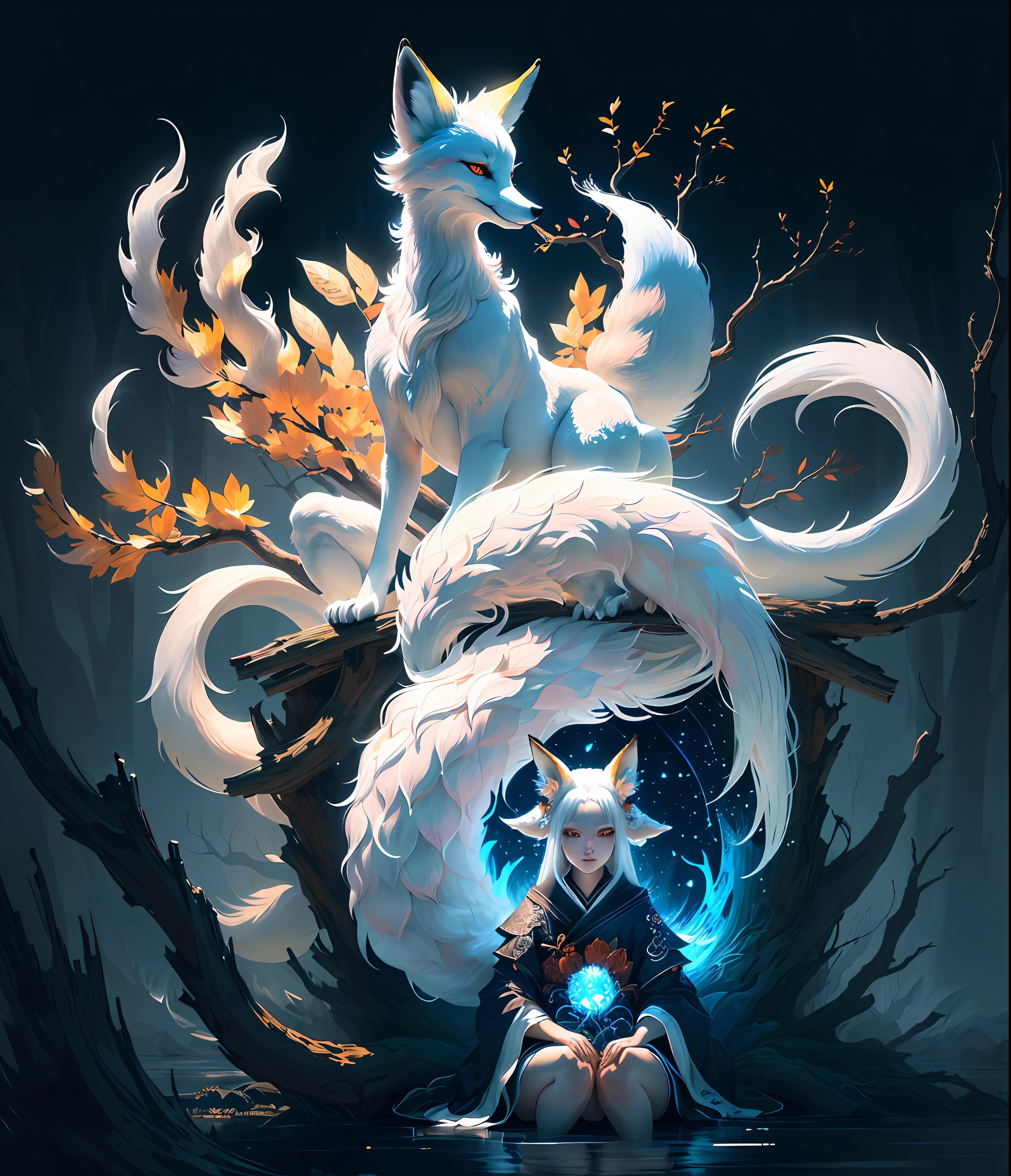 The background is a super large moon, painting of a fox with white hair sitting on a branch under the stars, ethereal fox, nine-tailed fox, dreamy, millennium fox demon, Onmyoji detailed art, nine tails, beautiful artwork illustration, mythical creatures, fox, beautiful digital artwork, exquisite digital illustration, mizutsune, inspired by mythical creature wildnet, digital art on pixiv, bright light, high contrast, horror movie theme, dark atmosphere