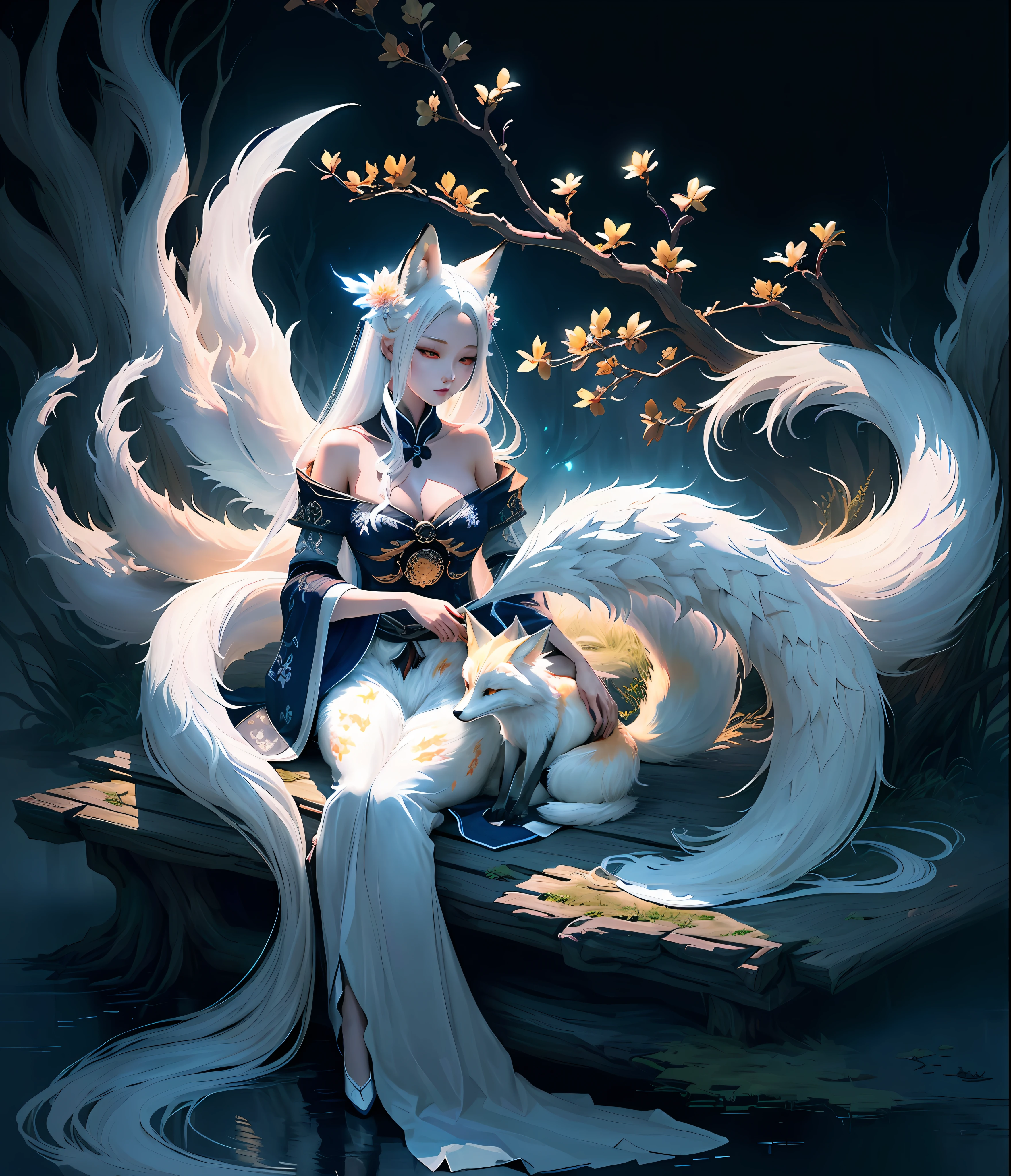The background is a super large moon, painting of a fox with white hair sitting on a branch under the stars, ethereal fox, nine-tailed fox, dreamy, millennium fox demon, Onmyoji detailed art, nine tails, beautiful artwork illustration, mythical creatures, fox, beautiful digital artwork, exquisite digital illustration, mizutsune, inspired by mythical creature wildnet, digital art on pixiv, bright light, high contrast, horror movie theme, dark atmosphere