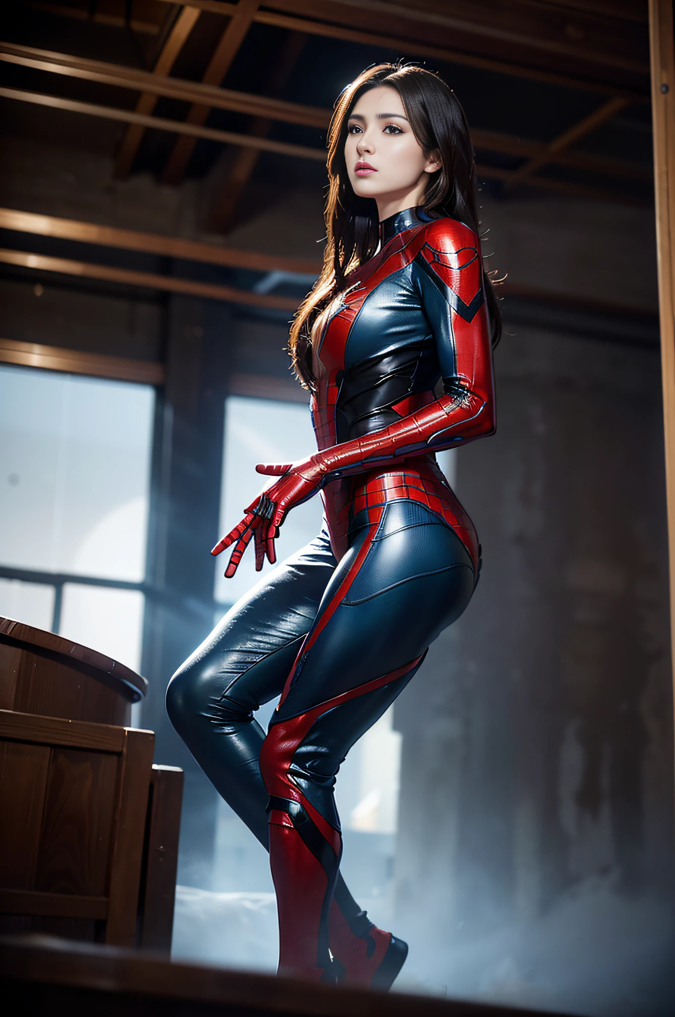 RAW, Masterpiece, Super Fine Photo,, Best Quality, Ultra High Resolution, Photorealistic, Sunlight, Full Body Portrait, Stunningly Beautiful, Dynamic Poses, Delicate Face, Vibrant Eyes, (Side View) , she is wearing a futuristic Iron Lady Spiderman costume, very detailed background, detailed face, detailed and complex busy background, messy, gorgeous, milky, high detailed skin, realistic skin details, visible pores, sharp focus, Volumetric fog, 8k uhd, dslr, high quality, film grain, fair skin, photorealism, lomography, sprawling metropolis in a futuristic dystopia, view from below, translucent