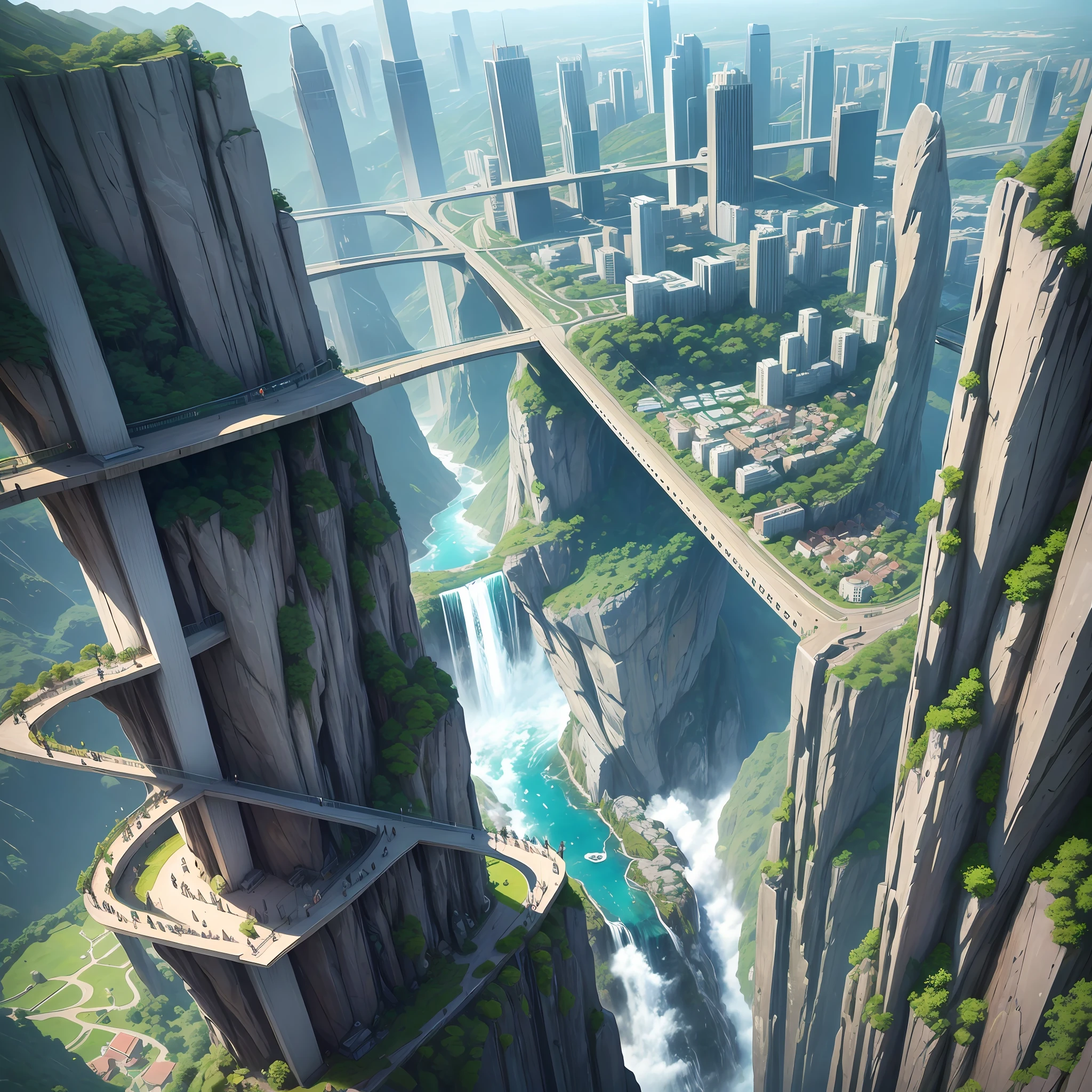 Realistic fantasy, detail, realism, computer clarity, 8kk, cliff, waterfall, glass bridge to the sky, wind (high ultra-clarity, detail of nature), in the rock city (ultra-high detail of the city), (glass high-rise buildings), streets, many people, --auto --s2